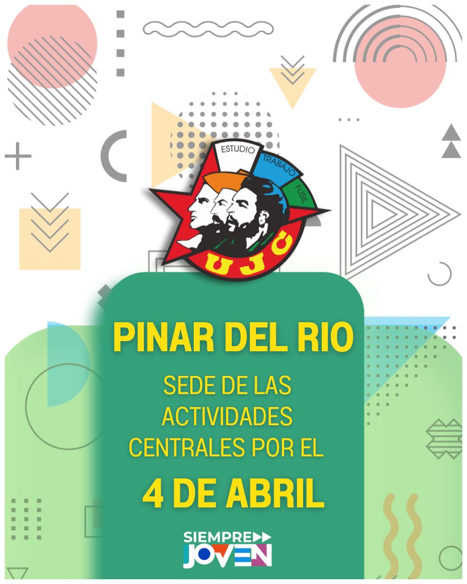 🧏🏻‍♂️ El Buró Nac de la  #UJCdeCuba otorgó la sede central de las actividades por el 63 Aniv de la #UJC y 64 de la <a href="/OPJMCuba/">OPJM Cuba</a> a #PinarDelRío, territorio que reafirma su compromiso con la #Revolución, destacándose por su labor integral.

#Cuba. 
#SiempreJoven.
<a href="/MeyvisEstevezE/">Meyvis Estevez Echevarría</a>