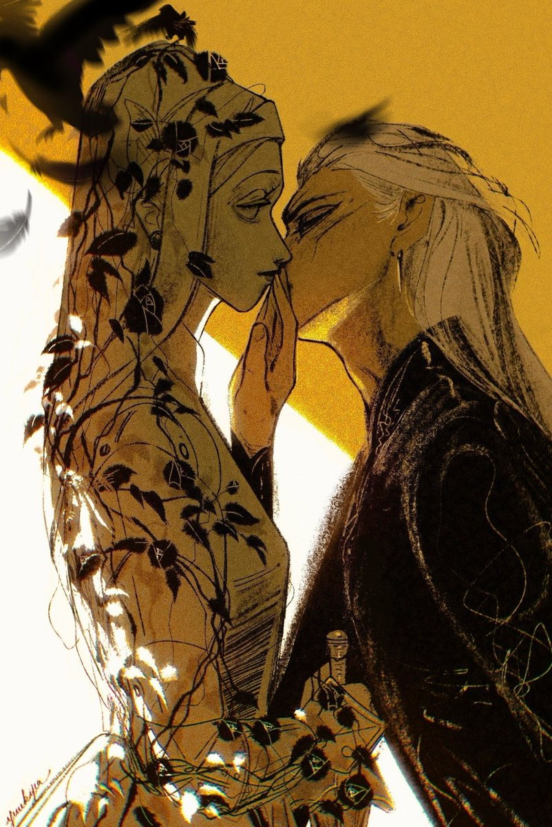 Carved. For my OC Merlin and Lady of the Lake.
Indelible scents, gold clay, 
weeds in the thicket and crazy roots, 
magical thorns like swords.
.
so we go there, where nothing is waiting;
we find everything waiting there. 
#Neruda love sonnet IV 
#OC #Merlin #kiss