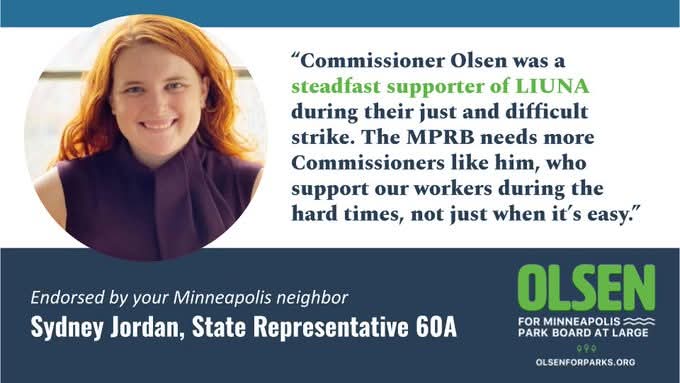 Tom Olsen (@olsenforparks) on Twitter photo ENDORSEMENT: For as long as I've been involved in Minneapolis politics, I've known and worked alongside <a href="/SydneyJordanMN/">Sydney Jordan</a>. There are few people more determined, and effective, than Sydney. She got us free school meals for crying out loud! Thanks for the support, Rep. Jordan! ENDORSEMENT: For as long as I've been involved in Minneapolis politics, I've known and worked alongside <a href="/SydneyJordanMN/">Sydney Jordan</a>. There are few people more determined, and effective, than Sydney. She got us free school meals for crying out loud! Thanks for the support, Rep. Jordan!