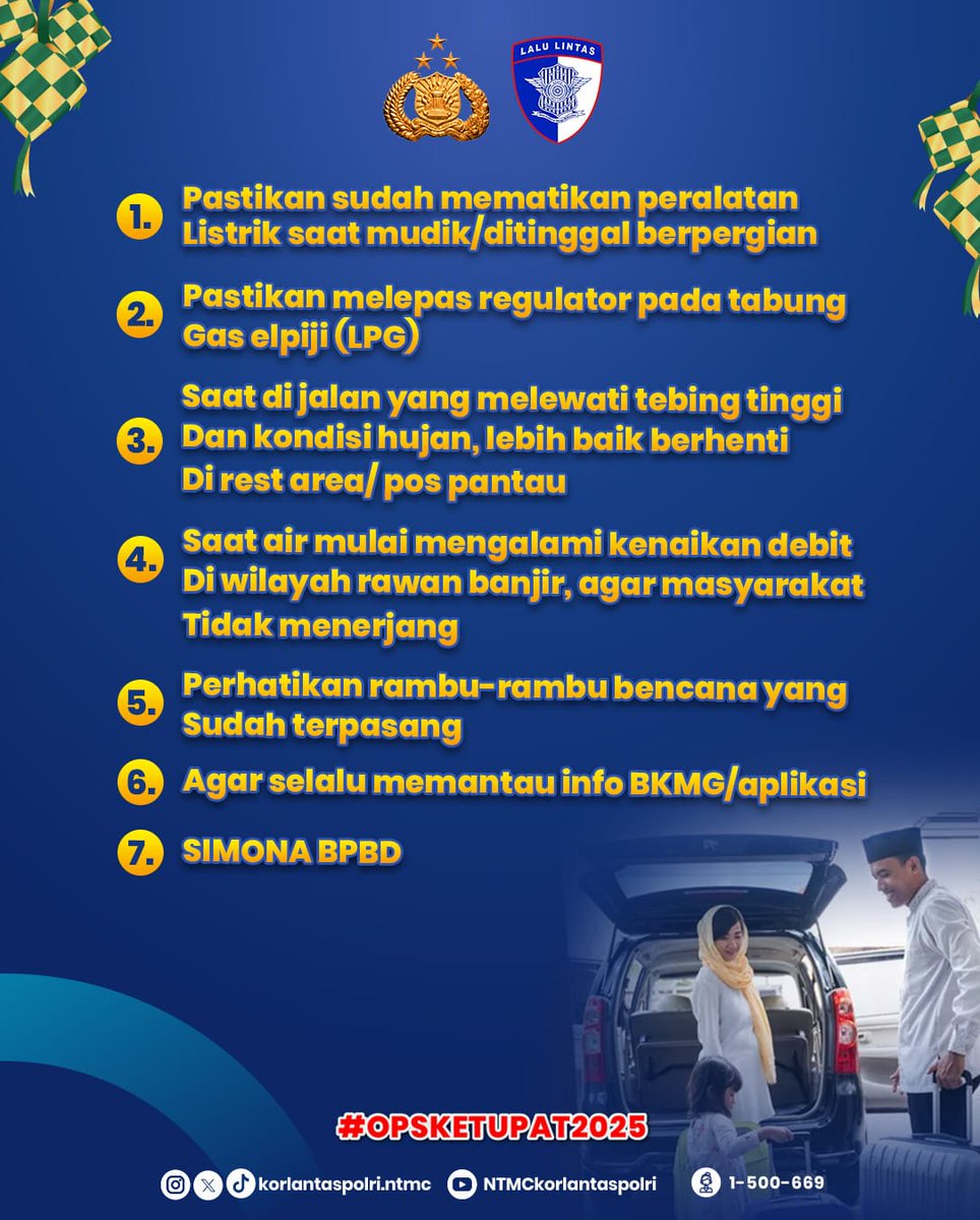 NTMCLantasPolri's tweet image. Yuk, simak tips mudik aman dan keluarga nyaman! Pastikan perjalananmu lancar dan selamat sampai tujuan. 

#MudikAman 
#KeluargaNyaman 
#TipsMudik
#KeselamatanLaluLintas
#opsketupat2025
#restareapenuh 
#polantashadiruntuknegeri
#NTMCPolri
#KorlantasPolri
#Korlantas
#Polantas