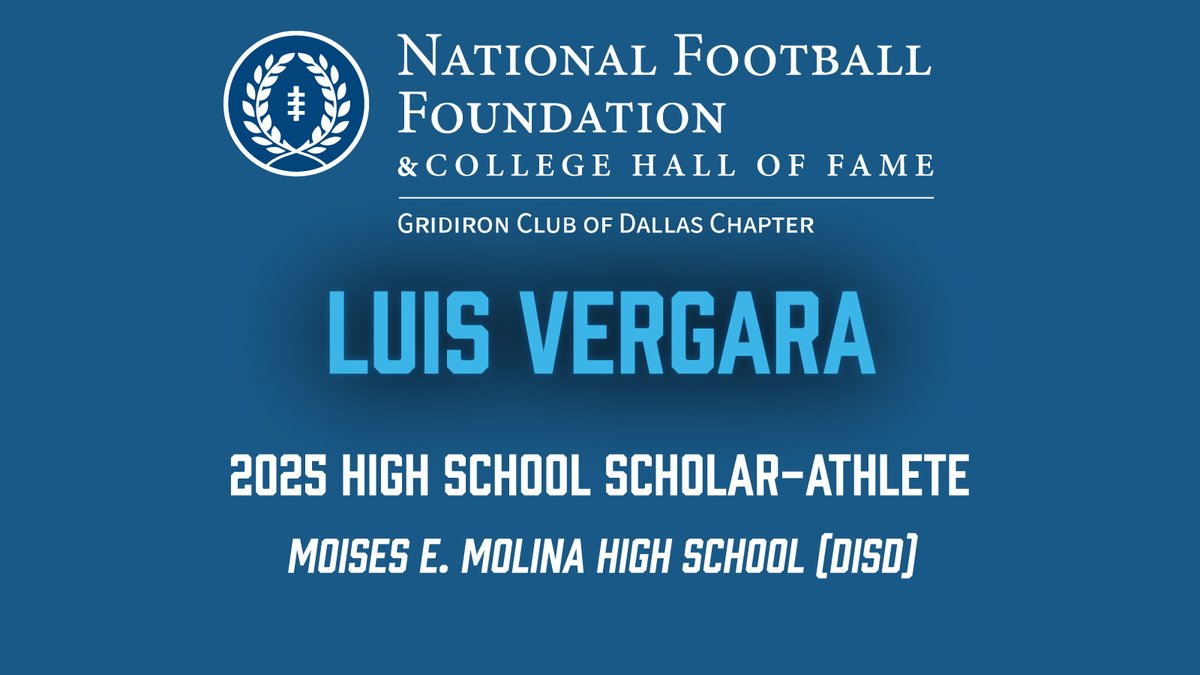 NFF Gridiron Club of Dallas (@dallasnff) on Twitter photo Congratulations to Luis Vergara (<a href="/Luis_v_06/">Luis Vergara</a>) of Moises E. Molina HS on his recognition as a 2025 High School Scholar-Athlete!
<a href="/MolinaHigh/">Moises E. Molina High School</a> <a href="/MolinaFootball/">Molina Football</a> <a href="/dallasschools/">Dallas ISD</a> <a href="/dallasathletics/">Dallas ISD Athletics</a> <a href="/Coachbru3/">Coachbru</a> <a href="/NFFNetwork/">National Football Foundation</a> Congratulations to Luis Vergara (<a href="/Luis_v_06/">Luis Vergara</a>) of Moises E. Molina HS on his recognition as a 2025 High School Scholar-Athlete!
<a href="/MolinaHigh/">Moises E. Molina High School</a> <a href="/MolinaFootball/">Molina Football</a> <a href="/dallasschools/">Dallas ISD</a> <a href="/dallasathletics/">Dallas ISD Athletics</a> <a href="/Coachbru3/">Coachbru</a> <a href="/NFFNetwork/">National Football Foundation</a>