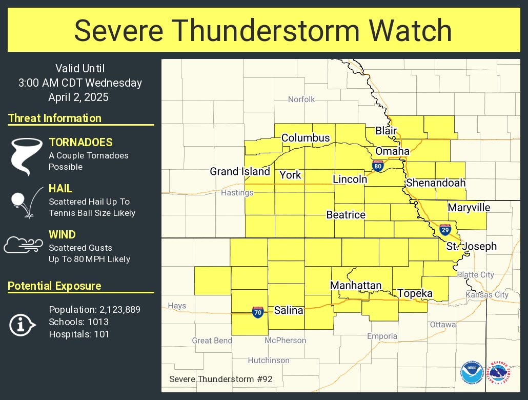 A severe thunderstorm watch has been issued for parts of Iowa, Kansas, Missouri and Nebraska until 3 AM CDT