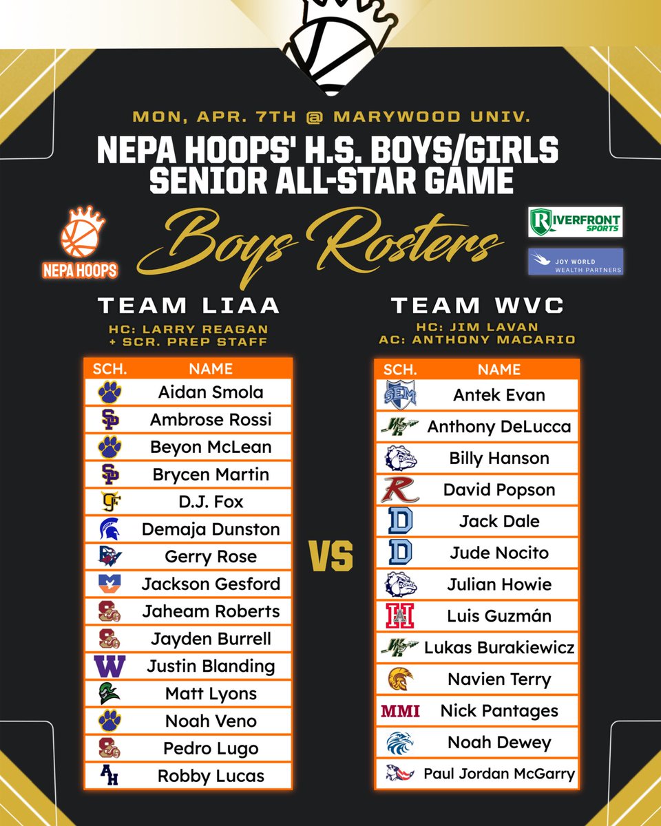 NEPA HOOPS’ ALL-STAR GAME SCHEDULE IS SET‼️

It all goes down Monday, April 7 at Marywood University.
Boys and girls senior standouts. One final ride.
Who runs NEPA… LIAA or WVC?

Here’s the full schedule:
🔸 5:30 PM – Doors Open (Cash Sales)
🔸 6:00 PM – Girls Game: LIAA vs.