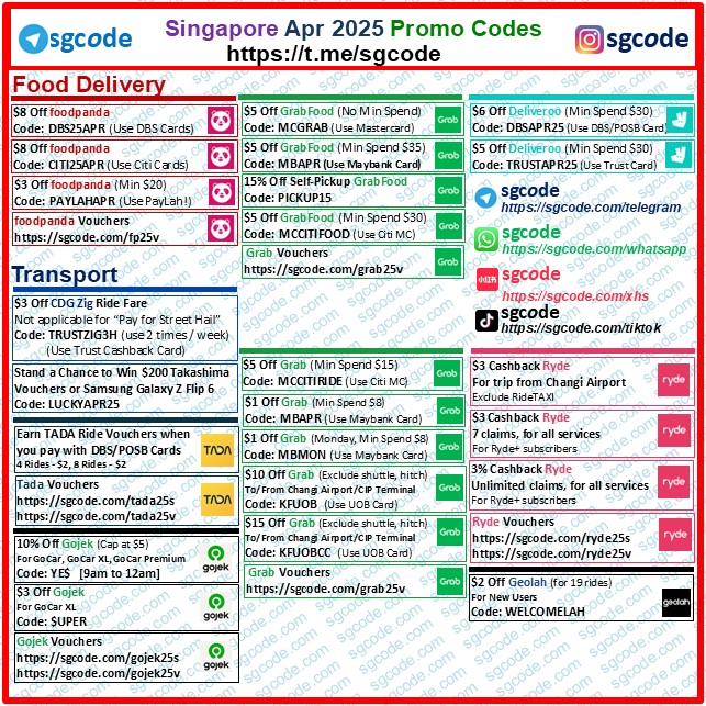 sgcodesg's tweet photo. Apr 2025 Food &amp; Transport Promo Codes https://t.co/vGBS2FGo9y