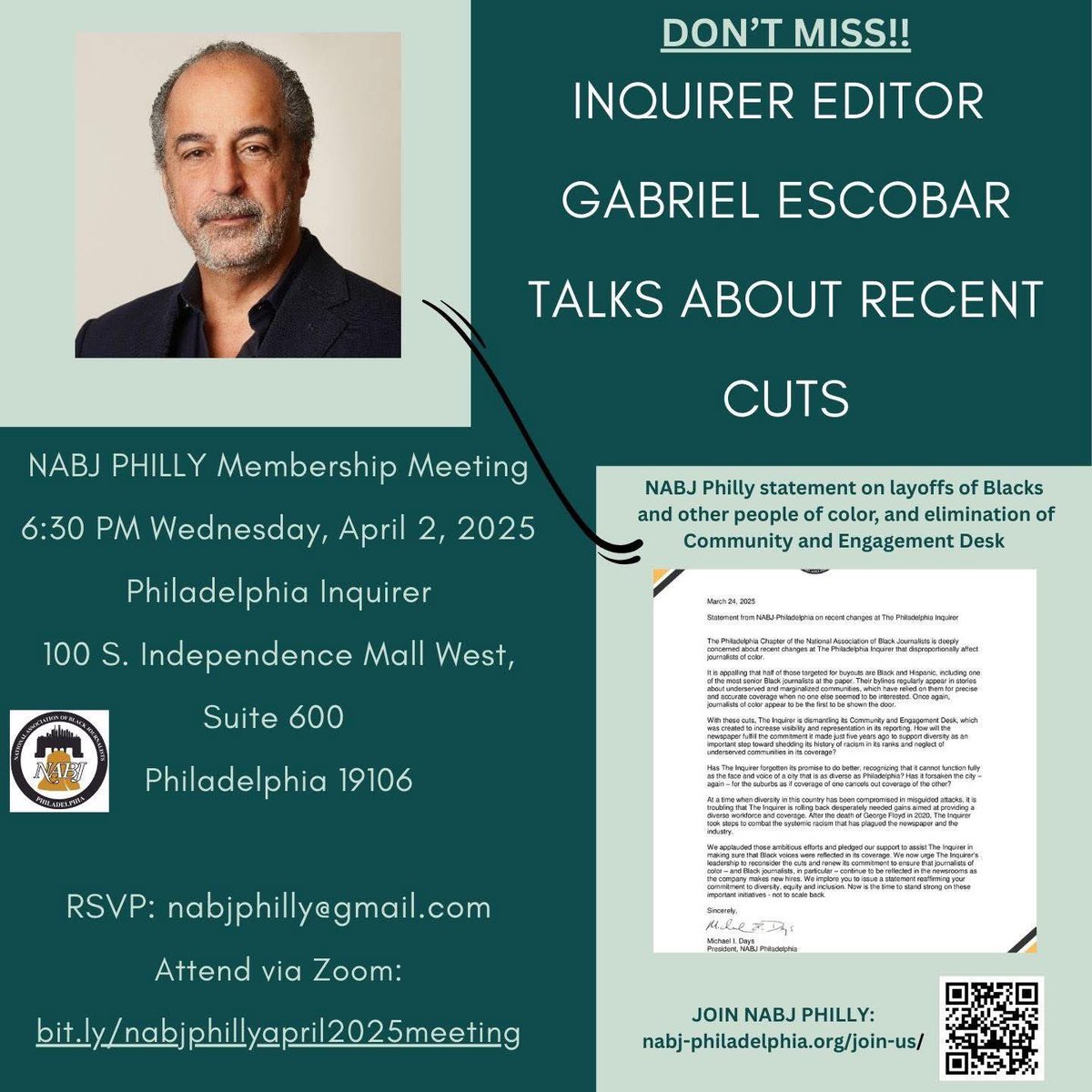 NABJ-Philadelphia (@nabjphilly) on Twitter photo Please attend our April 2, 2025, meeting with <a href="/PhillyInquirer/">The Philadelphia Inquirer</a> Editor Gabriel Escobar as he talks about the decision to eliminate its entire Communities & Engagement Desk, created to cover underserved communities.
RSVP
nabjphilly@gmail.com
Zoom: bit.ly/nabjphillyapri… Please attend our April 2, 2025, meeting with <a href="/PhillyInquirer/">The Philadelphia Inquirer</a> Editor Gabriel Escobar as he talks about the decision to eliminate its entire Communities & Engagement Desk, created to cover underserved communities.
RSVP
nabjphilly@gmail.com
Zoom: bit.ly/nabjphillyapri…