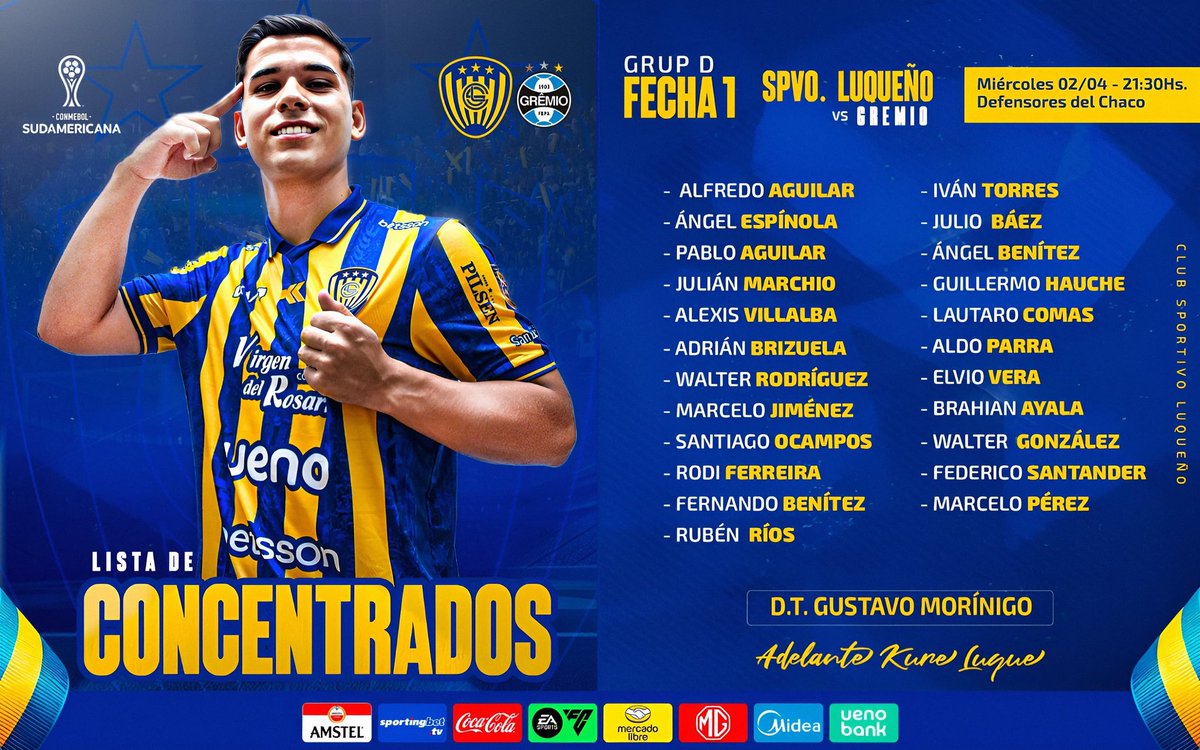 📋 Los jugadores concentrados para el compromiso de mañana ante Gremio por la fecha 1 Grupo D de la CONMEBOL Sudamericana 🏆 

¡Vamos, Luqueño! 🟡🔵