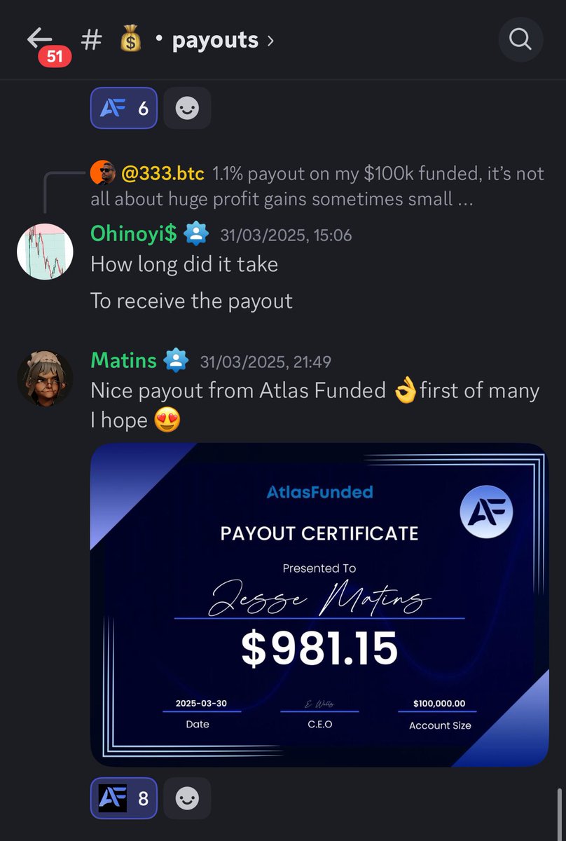 Some of our Trader’s recent Payouts right from our Discord Testimonials📈

Could you be next ?

 atlasfunded.com