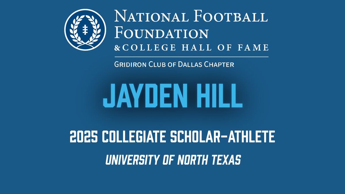 Congratulations to Jayden Hill (<a href="/RealJaydenHill/">Jayden Hill✨</a>) of University of North Texas on his recognition as a 2025 Collegiate Scholar-Athlete!

@untsocial <a href="/MeanGreenFB/">UNT Football</a> <a href="/MeanGreenSports/">Mean Green Sports</a> <a href="/American_Conf/">The American</a> <a href="/__CoachMorris/">Eric Morris</a> <a href="/NFFNetwork/">National Football Foundation</a>