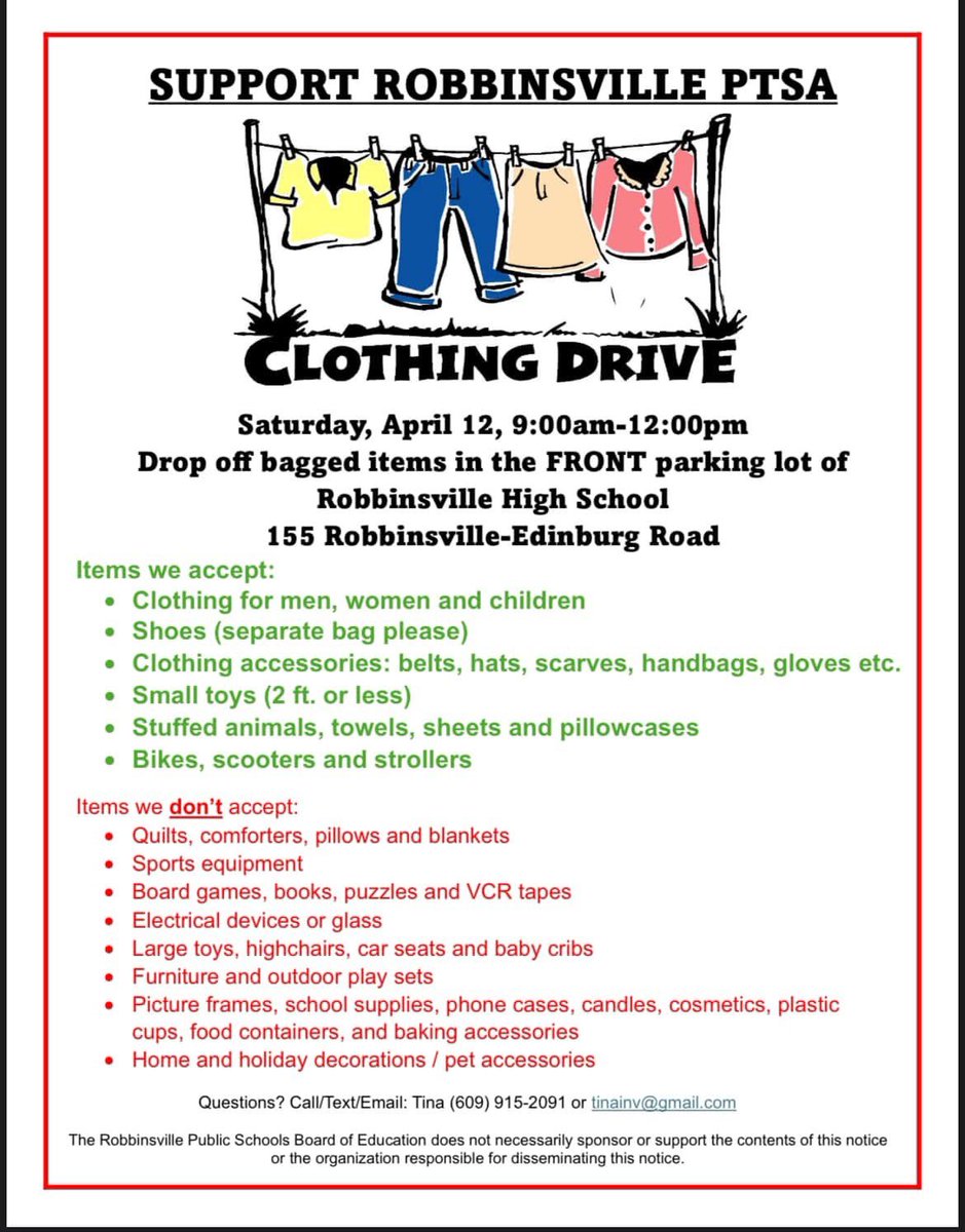 🚨Spring is here‼️
🚨Time to clean out those closets‼️

🆘Please help support the ROBBINSVILLE  PTSA CLOTHING DRIVE
✳️Saturday 4/12
✳️9:00am-12:00pm
✳️RHS

Please see flyer for details ⬇️