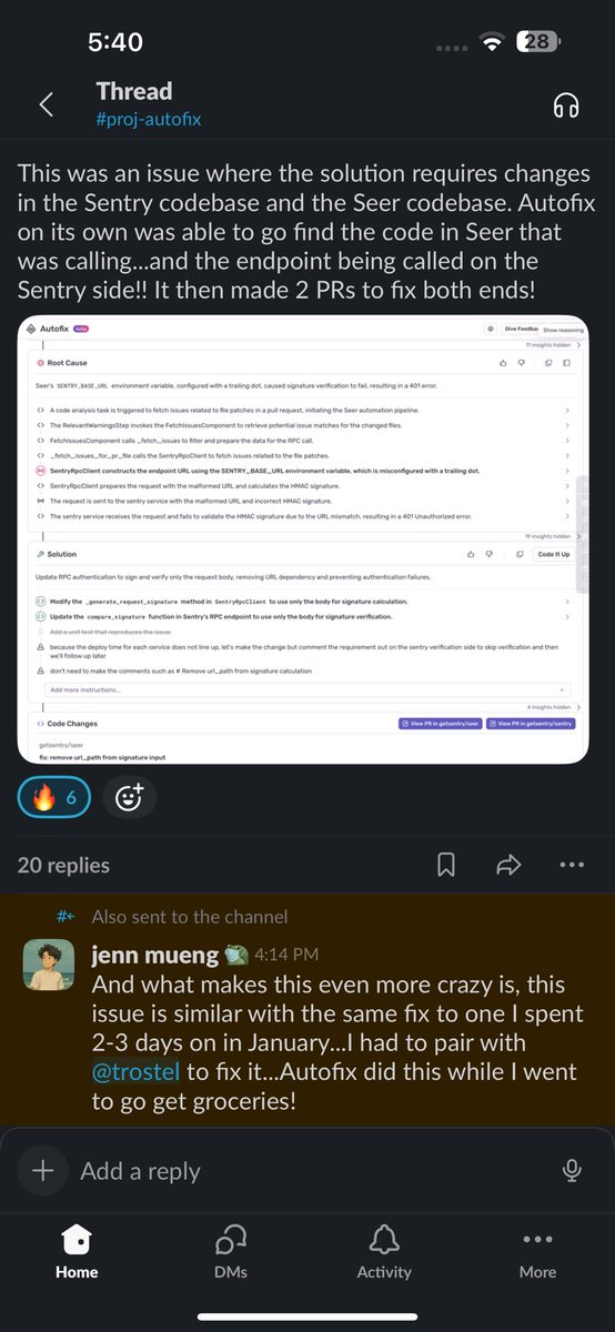 “And what makes this even more crazy is, this issue is similar with the same fix to one I spent 2-3 days on in January...I had to pair with another engineer to fix it…Autofix did this while I went to go get groceries!” <a href="/jennmueng/">Jenn Mueng</a> 

 <a href="/getsentry/">Sentry</a> context with SEER is saving team
