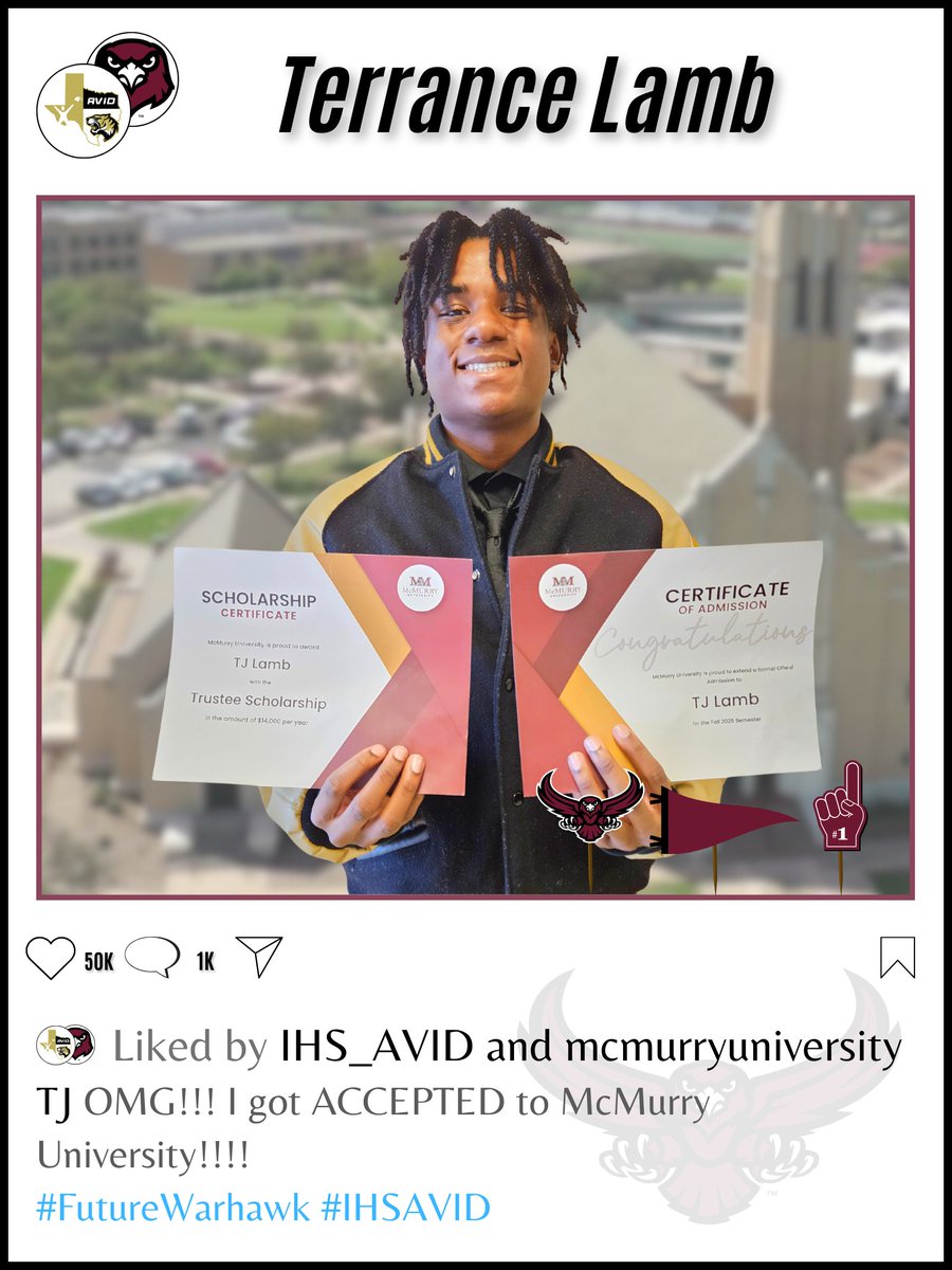 IHS_AVID's tweet photo. Congratulations to @IrvingHigh and @IrvingBoysHoops student, TJ, on his acceptance to @SamHoustonState @etamuniversity and @mcmuniv! We are #AVID proud of you! #IrvingISD https://t.co/3HXkZkz9OA
