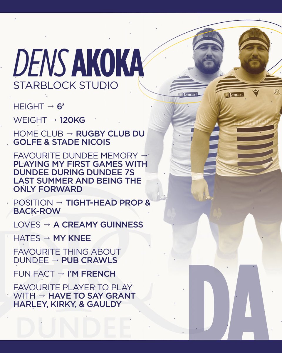 DundeeRugbyClub's tweet image. 🔥 𝗣𝗟𝗔𝗬𝗘𝗥 𝗣𝗥𝗢𝗙𝗜𝗟𝗘: 𝗗𝗘𝗡𝗦 𝗔𝗞𝗢𝗞𝗔 🔥

Big engine, bigger Guinness energy — meet Dens Akoka, the Frenchie or Scottish (he doesn&apos;t know anymore) in the front row.

#DundeeRugbyClub #PlayerProfile #StrongerTogether #DRC

—
Graphics by @densweb3