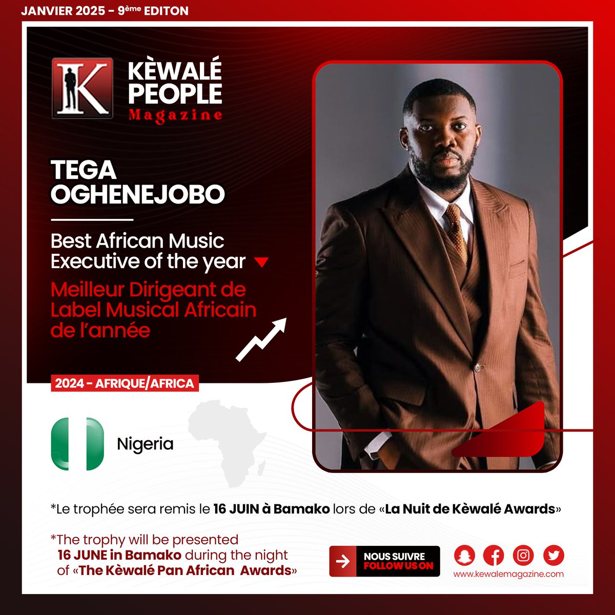 <a href="/TEGAMAVIN/">Tega Oghenejobo | #SMD</a> Oghenejobo a été élu Meilleur Dirigeant de Label Musical Africain de l'Année lors des 9e Kéwalé Pan African Awards, une distinction décernée par un panel de 15 journalistes africains, soulignant son impact majeur dans l'industrie musicale du continent. Membre fondateur