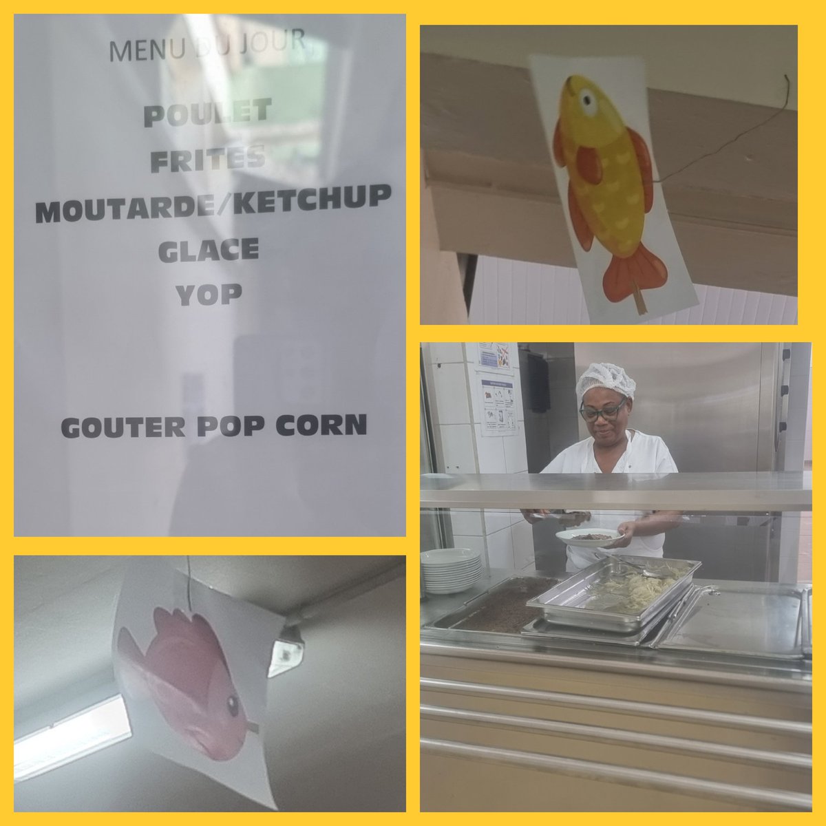 Aujourd'hui, au <a href="/CollegeJacques/">Clg Jacques Roumain</a>, beaucoup de bousculades pour le repas servi à la 1/2 pension. Au menu: poulet-frites, glace, yop et pop-corn au goûter.  😋 Les élèves de 6e étaient les 1ers à se ranger pour déguster ce bon repas qui n'était autre que le 🐠 d'avril.