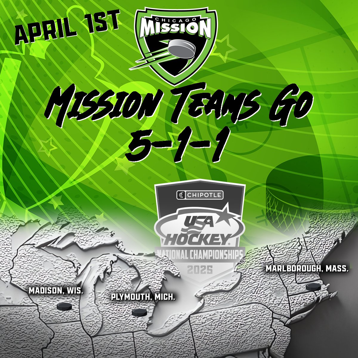 ChicagoMission's tweet photo. Our Seven(7) Mission teams are off to a good start on day one at USA Hockey Nationals.
Girls 14U (1-0-0)
Girls 16U (1-0-0)
Girls 19U (1-0-0)
Boys 13O (0-0-1)
Boys 14U (1-0-0)
Boys 15O (0-1-0)
Boys 16U (1-0-0)
#GOMISSION
https://t.co/vihrwiN46K https://t.co/RPKC0nQADq