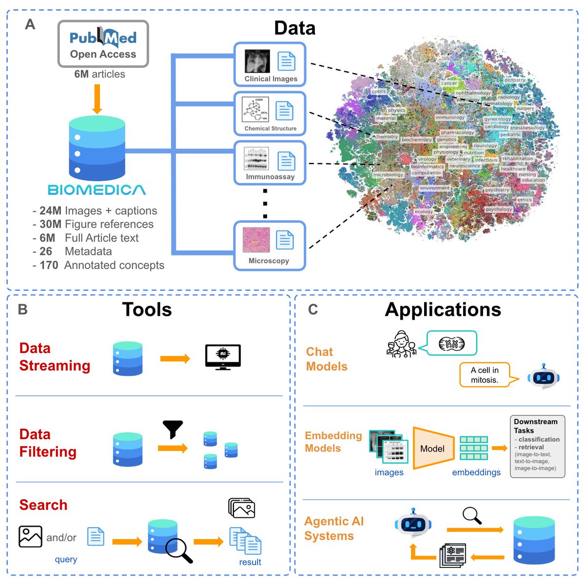 Earlier this year, we released the BIOMEDICA dataset, featuring 24 million unique image caption pairs and 30 million image references derived from open-source biomedical literature. It's been great to see the community engaging with it—we're currently seeing around 6K downloads