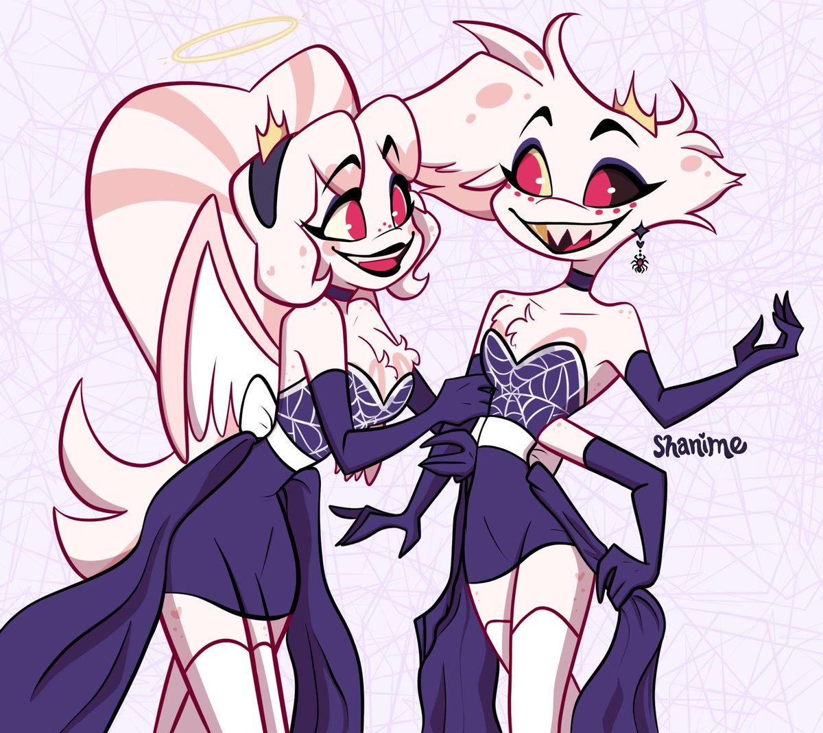 Birthday twins dressed in the gorgeous dress SilentZound designed on  Angel's birthday card! I love them your honor  #hazbinhotel  #hazbinhotelfanart #angeldust #Hazbinhotelangeldust #hazbinhotelmolly