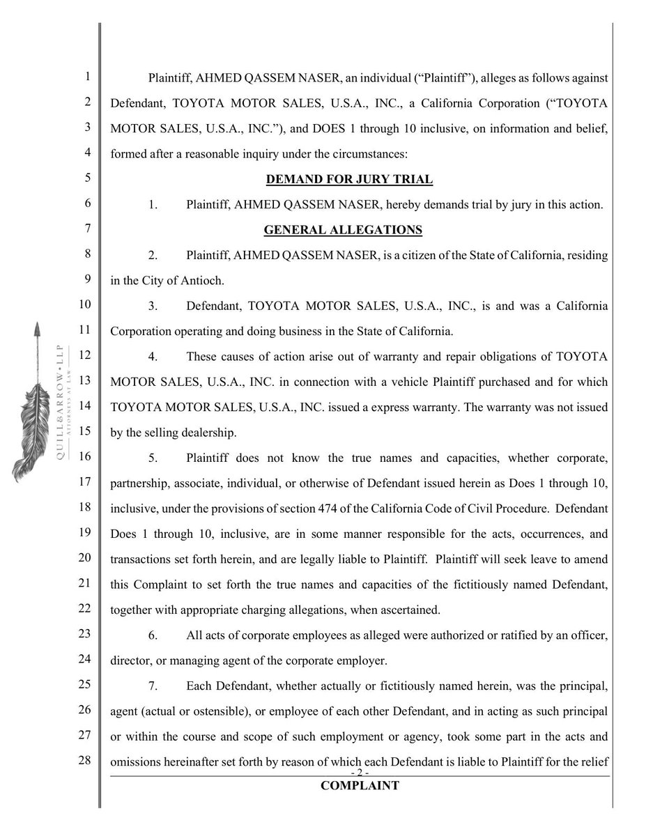 AlCoCourtWatch's tweet photo. Filed 4 days ago: NASER, AN INDIVIDUAL vs TOYOTA MOTOR SALES, U.S.A., INC., A CALIFORNIA CORPORATION (25CV116728)
Category: Breach of Rental/Lease Contract (not unlawful detainer or wrongful eviction)     
Type: Civil Unlimited https://t.co/y6oI3lFbVj