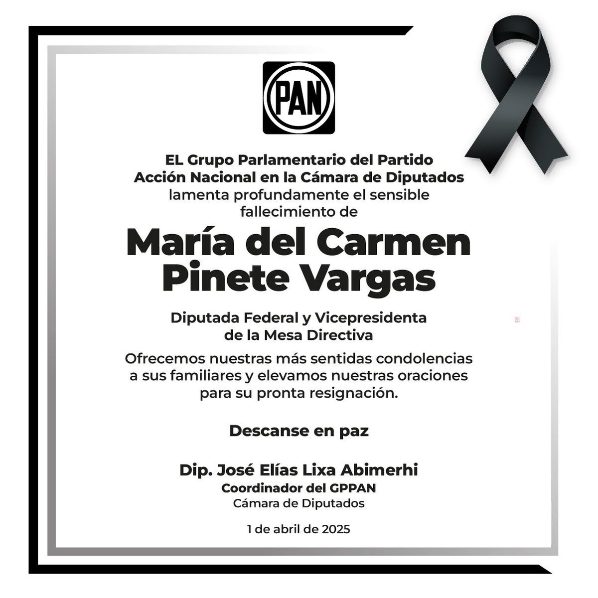 Elías Lixa (@eliaslixa) on Twitter photo Lamento mucho el sensible fallecimiento de la Vicepresidenta de <a href="/Mx_Diputados/">H. Cámara de Diputados</a>, diputada María del Carmen Pinete Vargas. Expreso a nombre de mi grupo <a href="/diputadospan/">Diputados PAN</a>, nuestra solidaridad y más sentido pésame a sus familiares, amistades y a su grupo <a href="/DiputadosVerdes/">Diputados Verdes</a>.
<a href="/CarlosPuenteZAC/">Carlos Puente Salas</a> Lamento mucho el sensible fallecimiento de la Vicepresidenta de <a href="/Mx_Diputados/">H. Cámara de Diputados</a>, diputada María del Carmen Pinete Vargas. Expreso a nombre de mi grupo <a href="/diputadospan/">Diputados PAN</a>, nuestra solidaridad y más sentido pésame a sus familiares, amistades y a su grupo <a href="/DiputadosVerdes/">Diputados Verdes</a>.
<a href="/CarlosPuenteZAC/">Carlos Puente Salas</a>