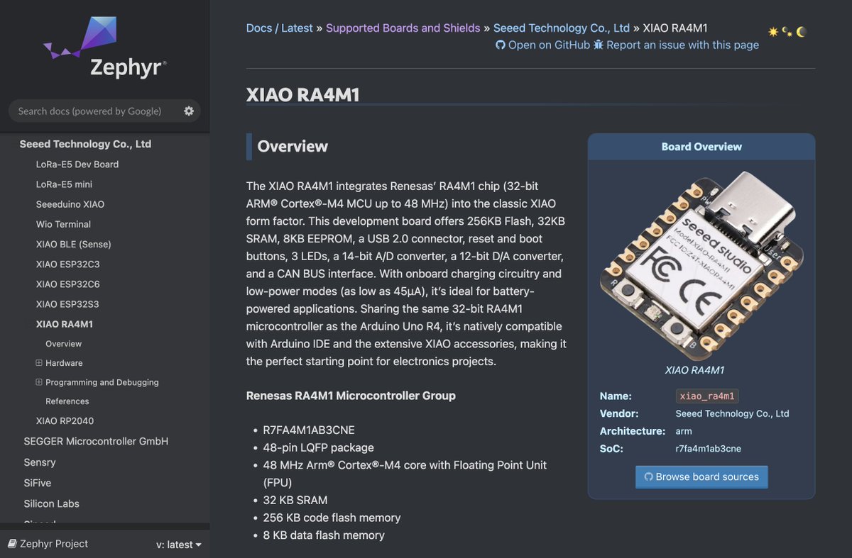 🎉 Seeed Studio XIAO RA4M1 is now supported in <a href="/ZephyrIoT/">Zephyr Project</a>, an opensource collaborative effort for building a small, scalable RTOS optimized for resource-constrained devices, across multiple architectures. 

💚 A big shout to out to <a href="/petejohanson/">Pete Johanson (he/him) @petejohanson@fosstodon.org</a> for making it happen.