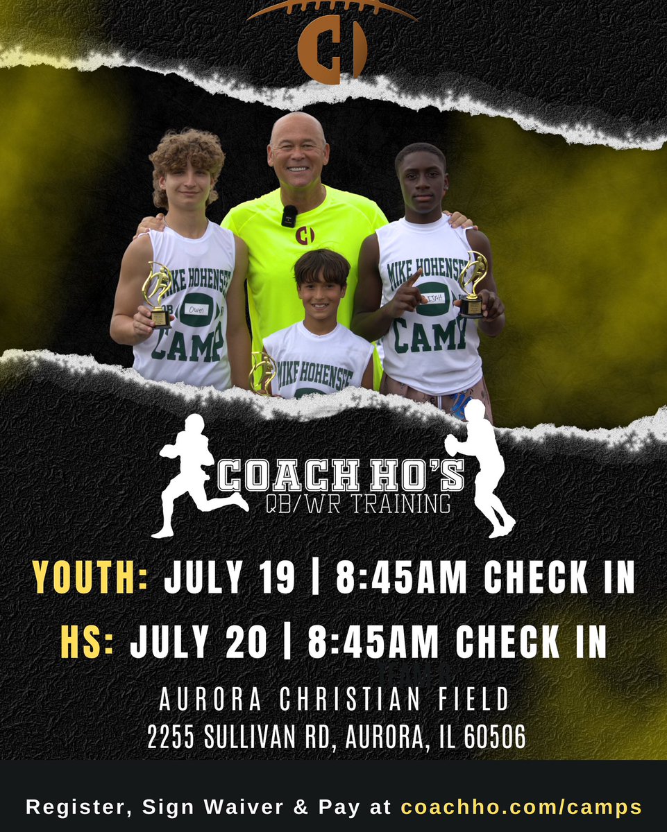 ‼️ Coach Ho’s 2025 QB/WR Summer Camp is back ‼️

Join myself as well as former Professional &amp; Collegiate players for 3 hours of Drills, Concepts, Competition and FUN!!

🏈 Youth QB/WR (6th, 7th &amp; 8th grade): Saturday July 19

🏈 High school QB/WR: Sunday July 20

AURORA CHRISTIAN