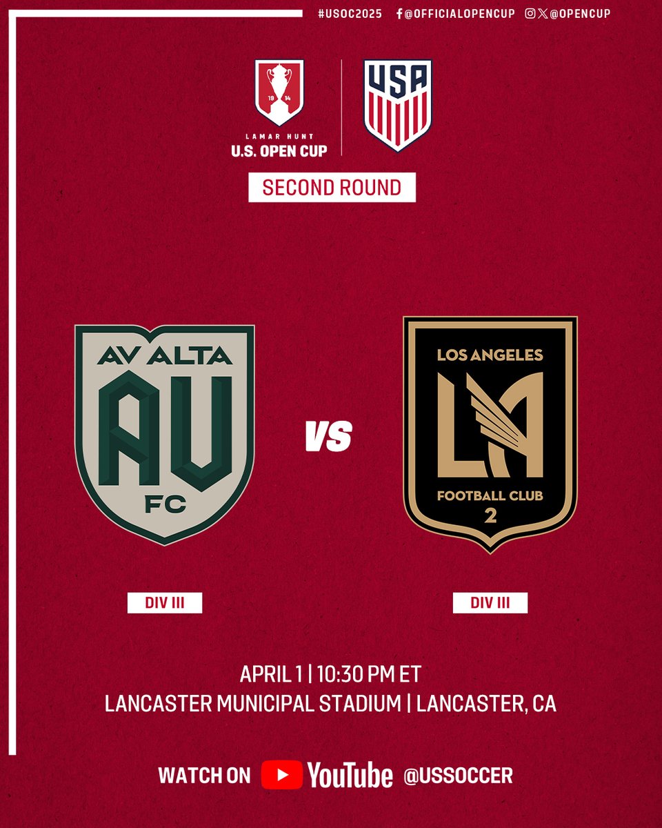 opencup's tweet photo. The last of the Second Round Day One contests pits @USLLeagueOne new boys @AVALTAFC against visiting @MLSNEXTPRO side @lafc_2 in California | #USOC2025 

WATCH LIVE » https://t.co/PH6Rh4W06X https://t.co/4xEzcEVuSK