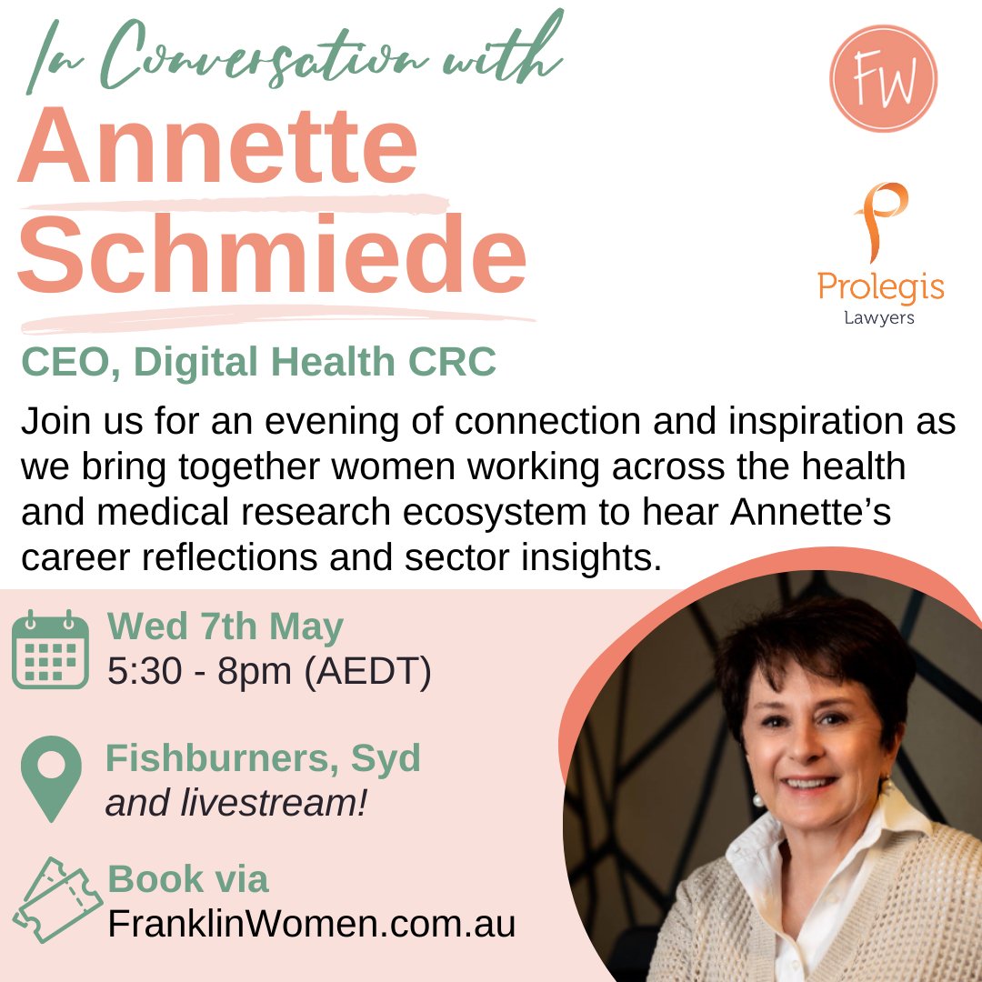 Franklin Women (@franklinwomen) on Twitter photo Woo hoo! The FW team is excited to launch our first in-person event for the year 👩🏽🦱👩🏻👩🏿🦰👩🏼🦱
Join us for a special In Conversation event with Annette Schmiede, CEO of <a href="/digihealthcrc/">Digital Health CRC</a> , facilitated by our founder, <a href="/Melina_Gee/">Dr Melina Georgousakis</a> ✨
Sydney or livestream! 👉shorturl.at/Kw5mm Woo hoo! The FW team is excited to launch our first in-person event for the year 👩🏽🦱👩🏻👩🏿🦰👩🏼🦱
Join us for a special In Conversation event with Annette Schmiede, CEO of <a href="/digihealthcrc/">Digital Health CRC</a> , facilitated by our founder, <a href="/Melina_Gee/">Dr Melina Georgousakis</a> ✨
Sydney or livestream! 👉shorturl.at/Kw5mm
