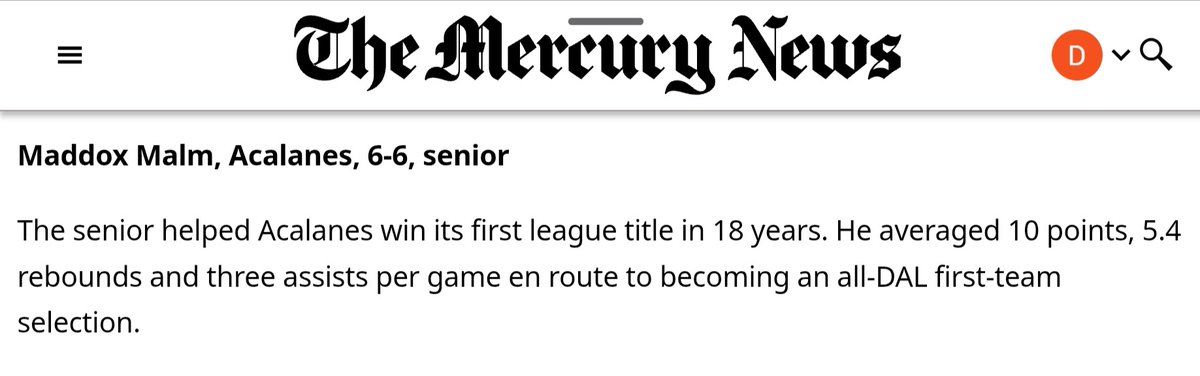 Acalanes Dons Boys Basketball (@acaboysbball) on Twitter photo Congratulations <a href="/Maddox_malm/">Maddox Malm</a> on being named to <a href="/mercnews/">Mercury News</a> All-Bay Area News Group Second Team!
<a href="/nathancanilao/">Nathan Canilao</a> <a href="/joseph_dycus/">Joseph Dycus</a> <a href="/DarrenSabedra/">Darren Sabedra</a> <a href="/CB_Journalist/">Christian Babcock</a> <a href="/EastBayTimes/">East Bay Times</a> <a href="/KasselMedia/">Ethan Kassel</a>
<a href="/PrepHoops/">Prep Hoops ๐</a> <a href="/PrepHoopsNorCal/">Prep Hoops Nor-Cal</a> <a href="/NorCalPreps/">NorCalPreps.com</a>
<a href="/NorCalHoop/">NorCal Hoops</a> @westcoastpreps <a href="/MaxPreps/">MaxPreps</a>
<a href="/simplyy_bball/">SIMPLY BASKETBALL</a> Congratulations <a href="/Maddox_malm/">Maddox Malm</a> on being named to <a href="/mercnews/">Mercury News</a> All-Bay Area News Group Second Team!
<a href="/nathancanilao/">Nathan Canilao</a> <a href="/joseph_dycus/">Joseph Dycus</a> <a href="/DarrenSabedra/">Darren Sabedra</a> <a href="/CB_Journalist/">Christian Babcock</a> <a href="/EastBayTimes/">East Bay Times</a> <a href="/KasselMedia/">Ethan Kassel</a>
<a href="/PrepHoops/">Prep Hoops ๐</a> <a href="/PrepHoopsNorCal/">Prep Hoops Nor-Cal</a> <a href="/NorCalPreps/">NorCalPreps.com</a>
<a href="/NorCalHoop/">NorCal Hoops</a> @westcoastpreps <a href="/MaxPreps/">MaxPreps</a>
<a href="/simplyy_bball/">SIMPLY BASKETBALL</a>
