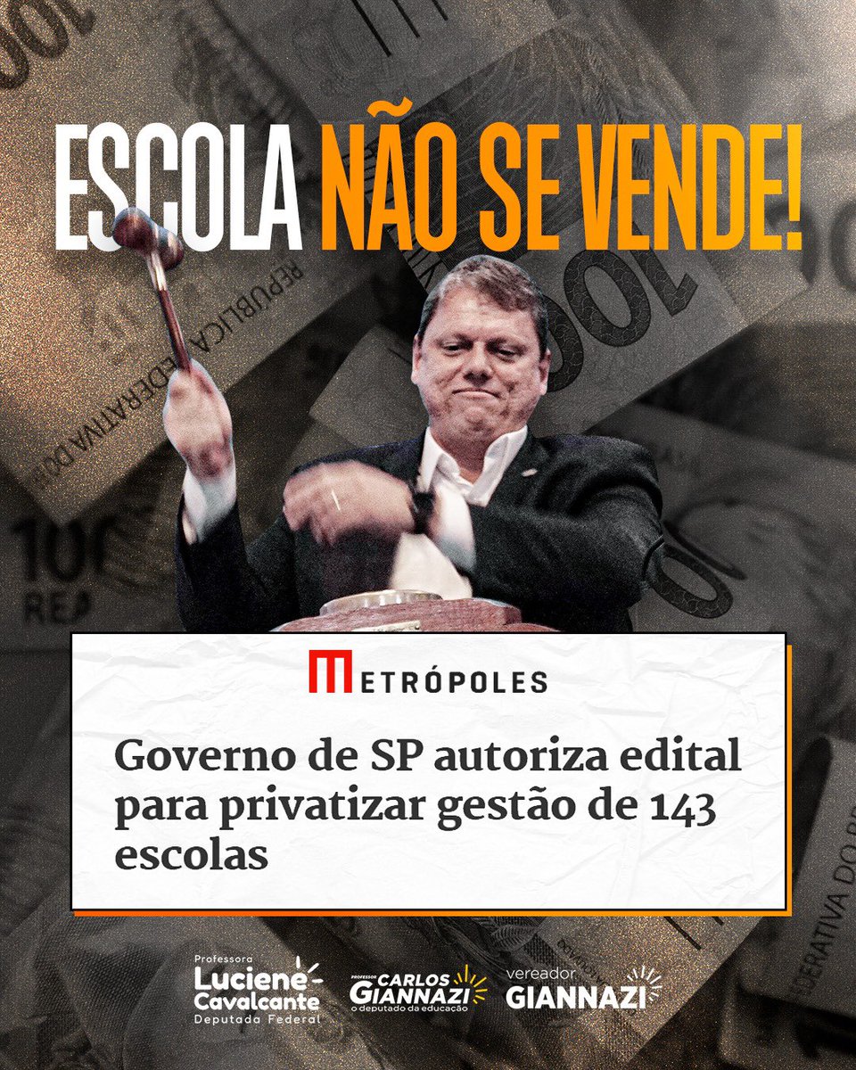 carlosgiannazi's tweet image. Tarcísio autorizou a publicação do edital de transferência à iniciativa privada da gestão de 143 escolas que fazem parte das diretorias regionais de ensino centro-oeste e leste de SP. O Coletivo Educação em 1° Lugar já acionou o MP, TCE e Defensoria Pública contra esse absurdo!