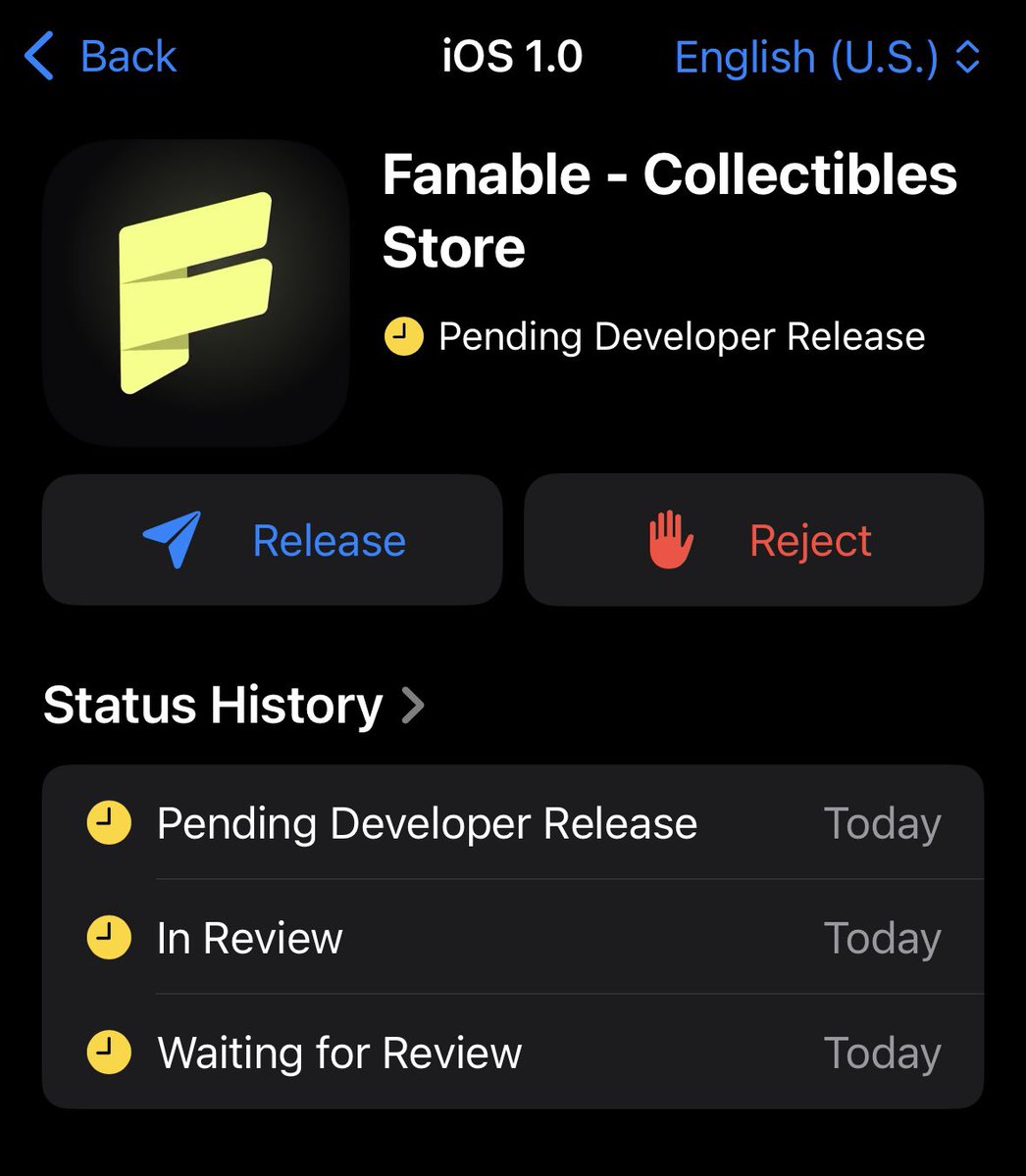 FanableApp's tweet photo. Status: Pending Developer Release
Translation? Apple said YES and now it’s our move! 

In less than 24 hours, we smash that blue button 🔵

And when we do… the Fanable app goes LIVE on the App Store

The vault doors are opening. The countdown is ON

T-minus 1 day

#VaultUnlocked 🔐