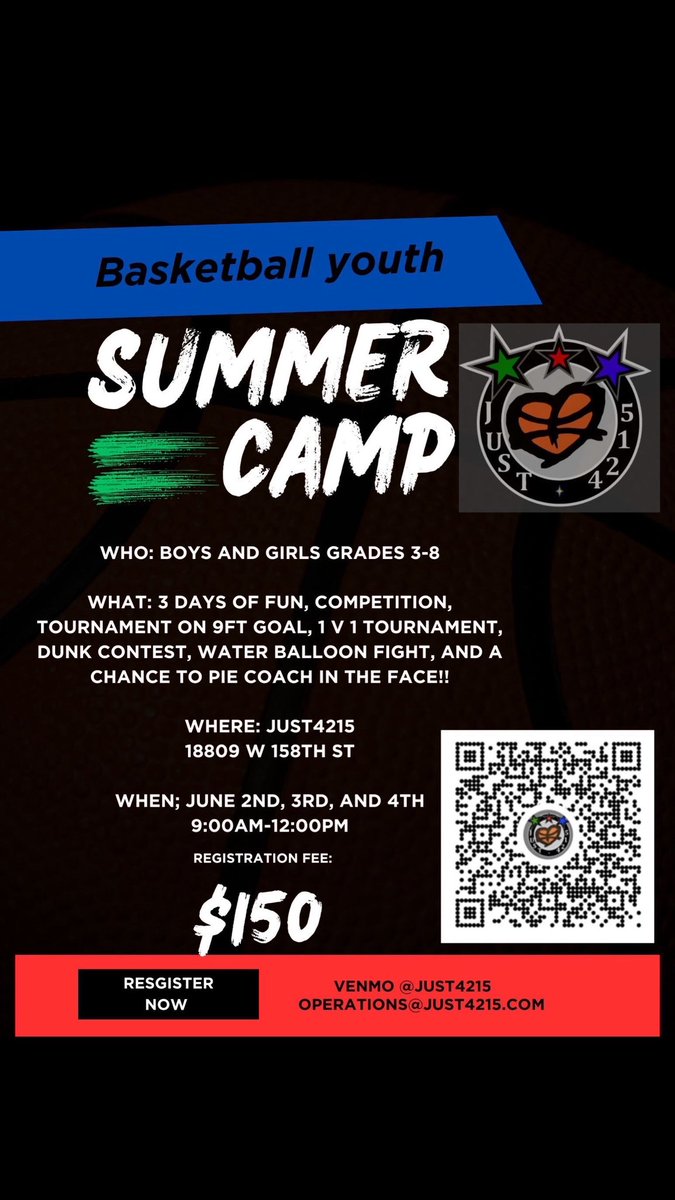 Annual Just4215 camp right around the corner!! Join us for a week of fun and learning. Can’t wait to see you there!! 

#just4215 #justus #ballislife #summercamp