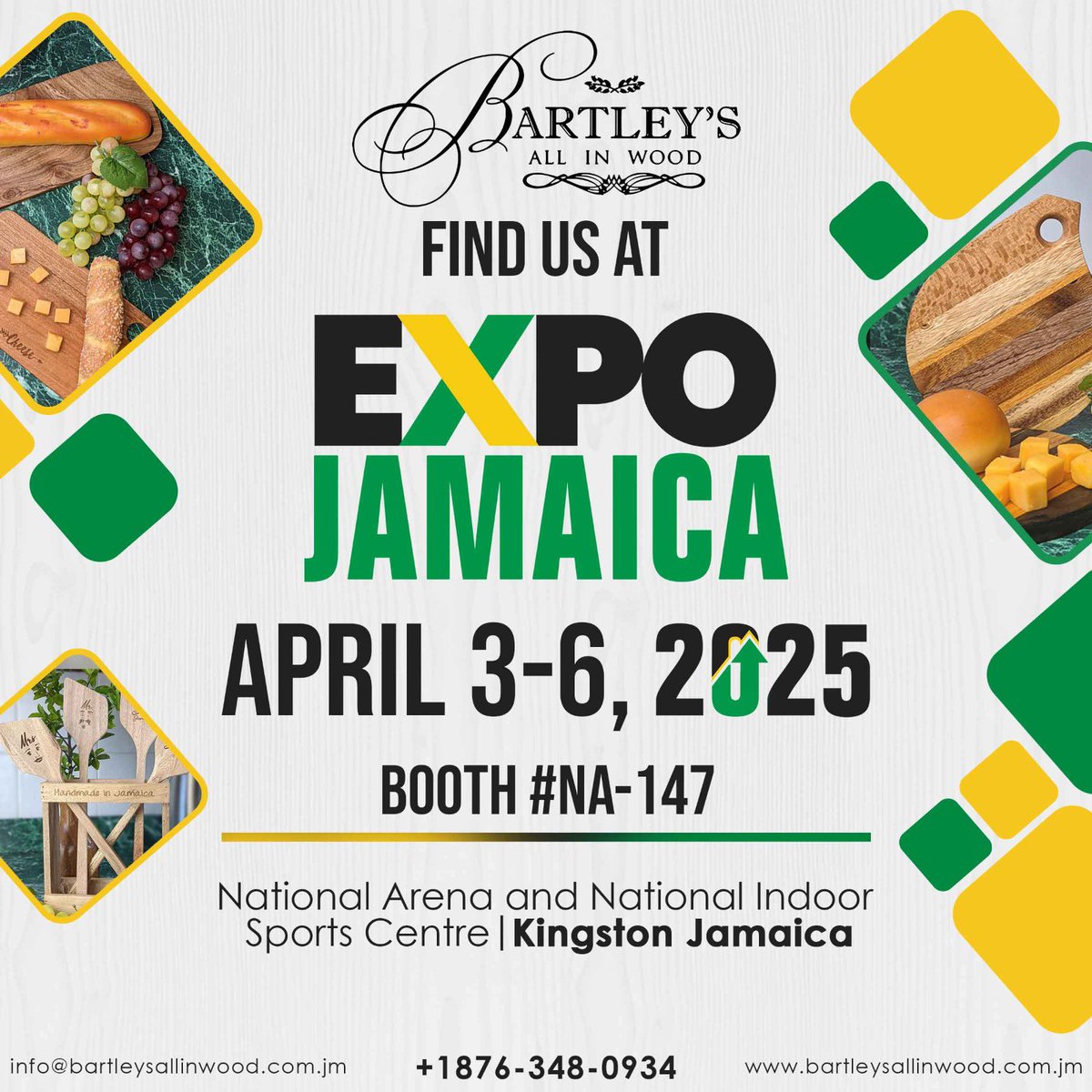 ✨ We’re excited to announce that Bartley's All In Wood will be showcasing our, handcrafted wood products at Expo Jamaica 2025! 🇯🇲🌿

Visit us at our booth from April 3-6 at the National Arena

📅 Date: April 3-6, 2025
📍 Location: National Arena

#BartleysAtExpoJamaica2025