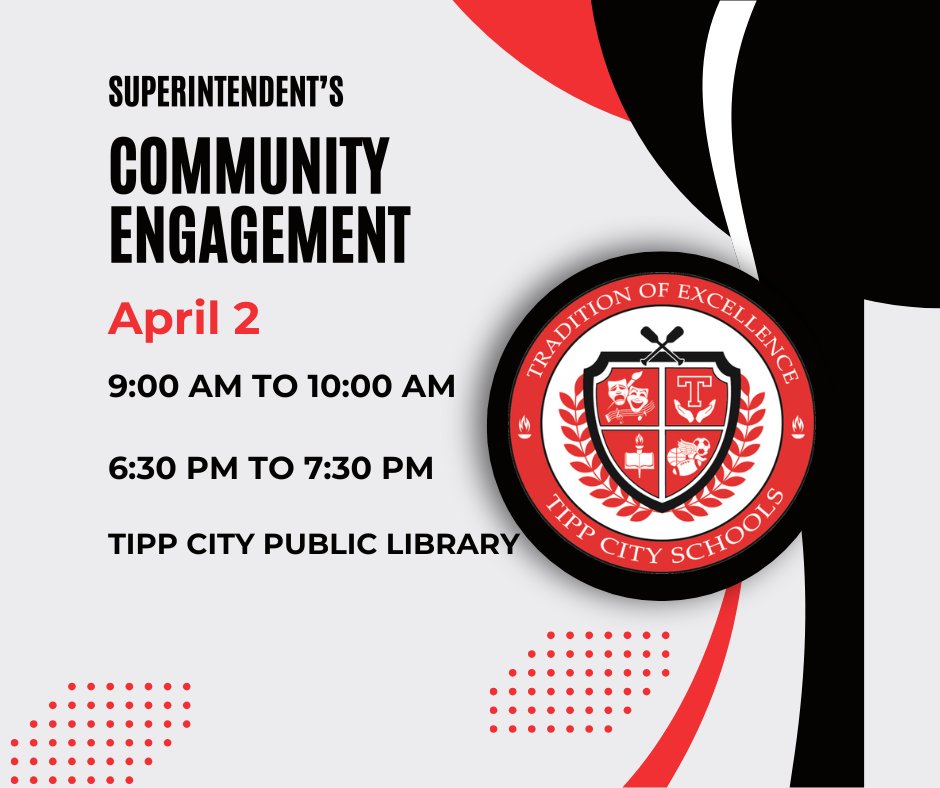 Tipp City Schools (@tippcityschools) on Twitter photo π’ Reminder! π’Join us for one of the Superintendentβs Community Engagement sessions on Wednesday, April 2. π’ Reminder! π’Join us for one of the Superintendentβs Community Engagement sessions on Wednesday, April 2.