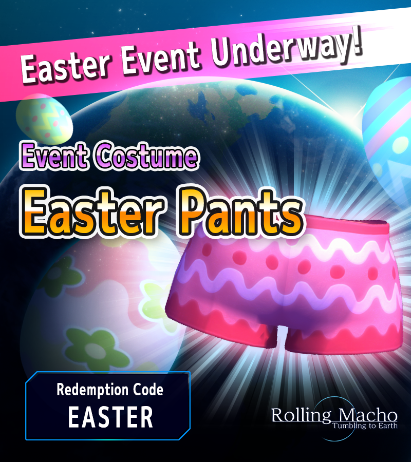 RollingMacho's tweet photo. 🎉 Limited Time Event &amp;
 "Easter Pants" Gift for Everyone! 🎉

Join our limited-time event where Easter eggs are scattered across the universe!
Plus, enter the code "EASTER" in-game to get an exclusive outfit! 🎁 https://t.co/hugX7Uu49o