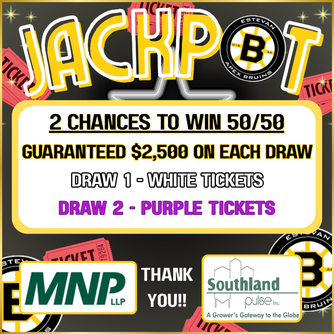 ApexAABruins's tweet image. Exciting News!!
This Saturday night’s game, we will be having not one but TWO separate 50/50 draws.
Guaranteed take home, $2,500 on each draw‼️

🌟The 50/50 will be sold on the walking track🌟
$5 - 5 tickets
$10 - 15 tickets
Buy each color to better your chances to win!!