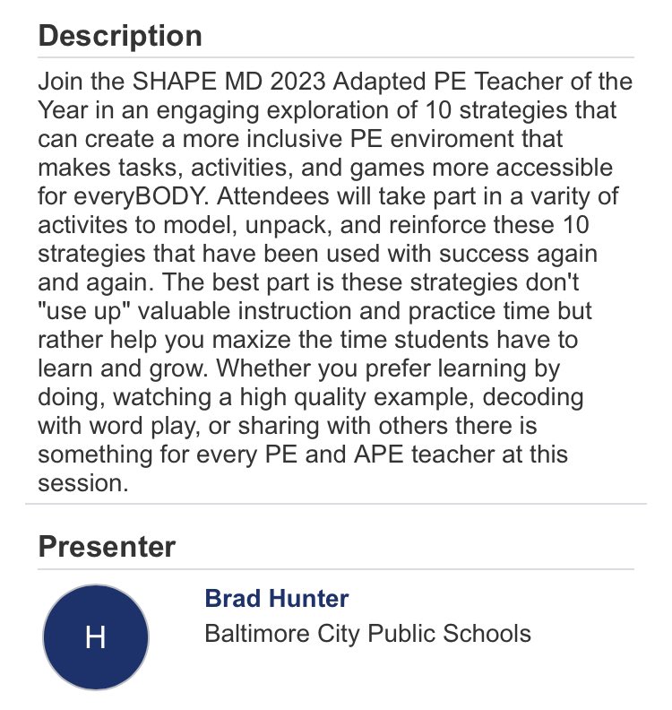 #SHAPEBaltimore I hope you will join me at 3:15 Wednesday in Ballroom ll for “Adapted PE = High Quality PE”