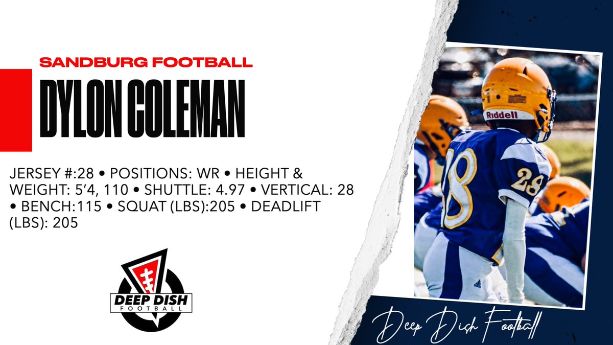 Meet <a href="/Dyloncoleman28/">Dylon " DD " Coleman 2028</a> of <a href="/SandburgEagles/">Sandburg Eagles Football</a>! Class of 2028 WR. deepdishfootball.com/single-post/dy…