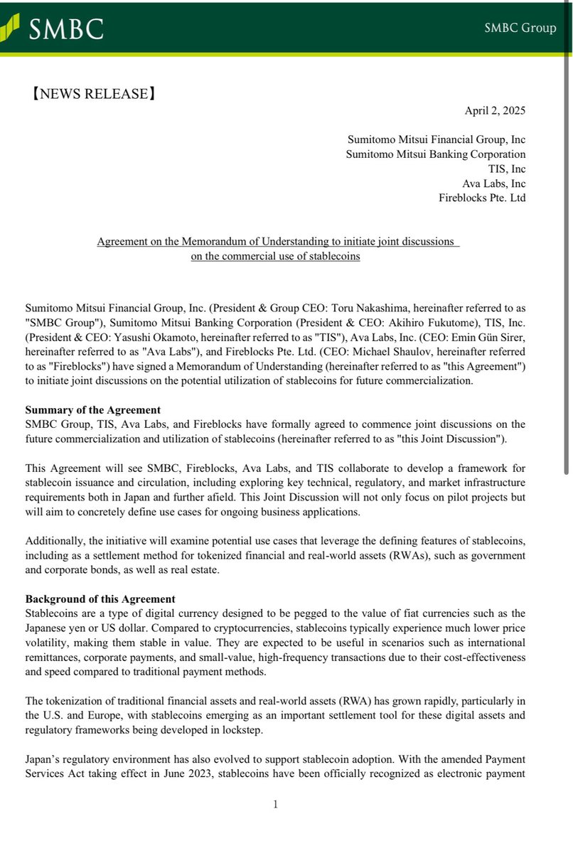 Luigi D'Onorio DeMeo 🔺 (@luigidemeo) on Twitter photo Sumitomo Mitsui Banking Corporation (SMBC), one of the largest banks ($1.7 trillion) & TIS are building on <a href="/avax/">Avalanche🔺</a>
The agreement is centered around developing a framework for stablecoin issuance and circulation 🔺 Sumitomo Mitsui Banking Corporation (SMBC), one of the largest banks ($1.7 trillion) & TIS are building on <a href="/avax/">Avalanche🔺</a>
The agreement is centered around developing a framework for stablecoin issuance and circulation 🔺