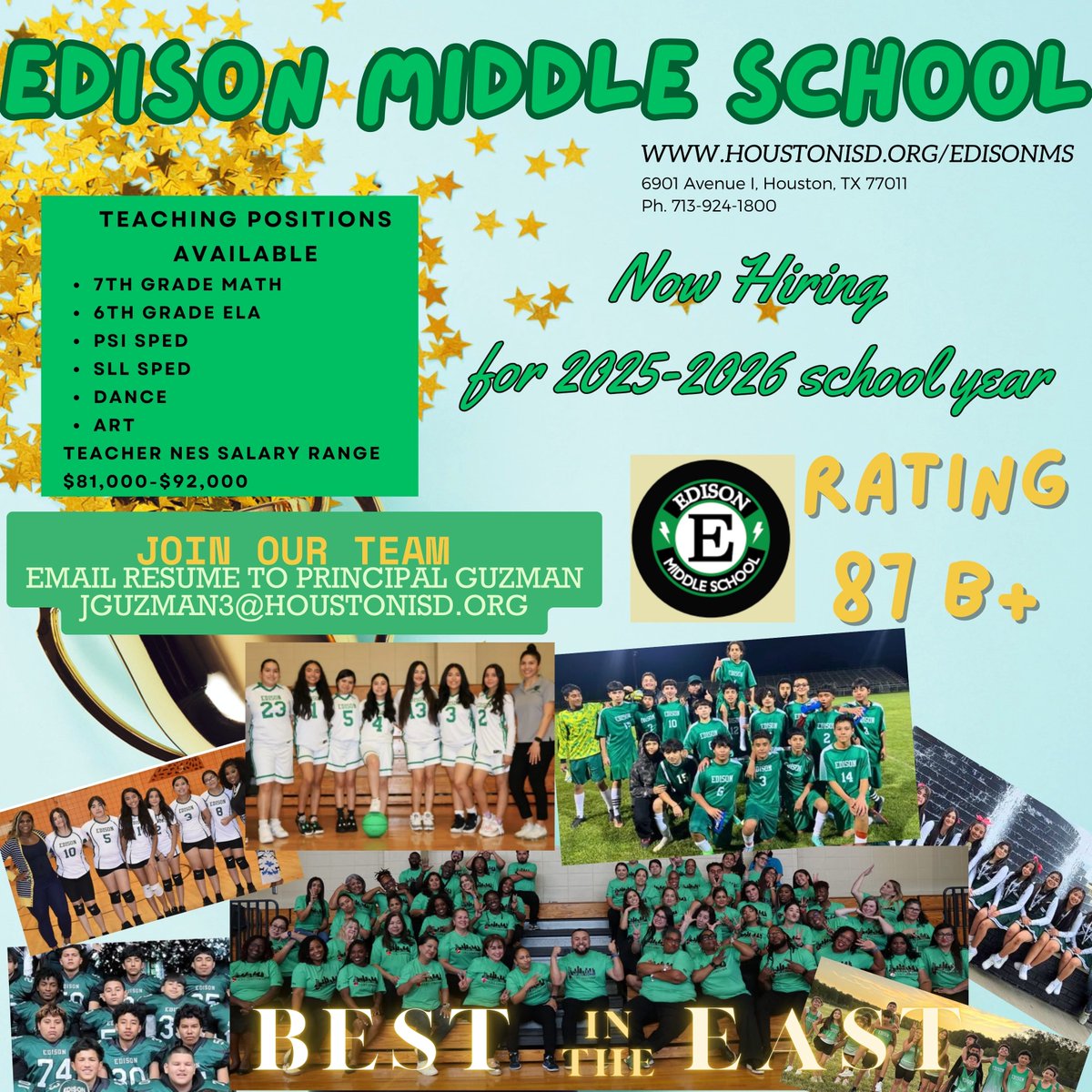 Johnatan Guzman (@mrguzmanhisd) on Twitter photo We are looking for incredible teachers to JOIN OUR TEAM for next school year. Please email your resume to JGUZMAN3@houstonisd.org if interested!
<a href="/BrettGallini/">Brett Gallini, Ed.D.</a> <a href="/AprilColeman74/">April Coleman</a> <a href="/maiyamoore26/">Mrs. Moore</a> <a href="/donawhi/">Donna Dickson-White</a> <a href="/MrsTReyes/">Tonya Reyes</a> <a href="/brandy_shade/">Margaret Shade</a> We are looking for incredible teachers to JOIN OUR TEAM for next school year. Please email your resume to JGUZMAN3@houstonisd.org if interested!
<a href="/BrettGallini/">Brett Gallini, Ed.D.</a> <a href="/AprilColeman74/">April Coleman</a> <a href="/maiyamoore26/">Mrs. Moore</a> <a href="/donawhi/">Donna Dickson-White</a> <a href="/MrsTReyes/">Tonya Reyes</a> <a href="/brandy_shade/">Margaret Shade</a>