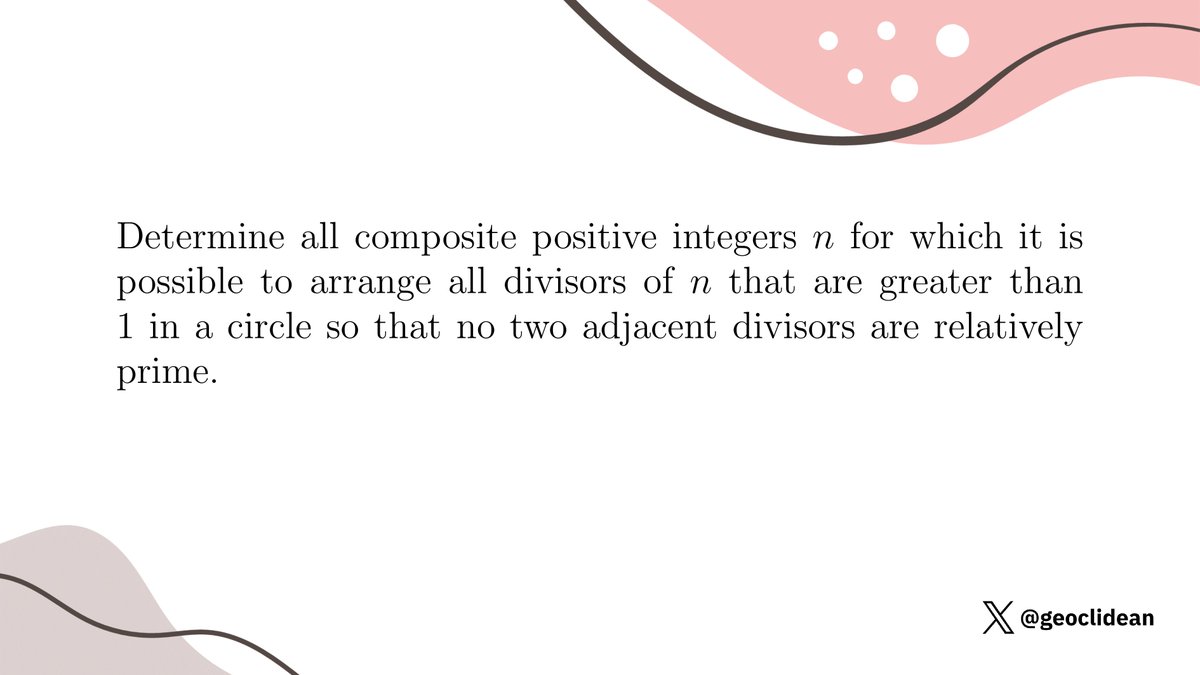 geoclidean's tweet photo. divisors on a circle
#Induction #NumberTheory #PrimeNumbers #Arrangements #RelativelyPrime #Divisors #Combinatorics https://t.co/jStTU8kVs7