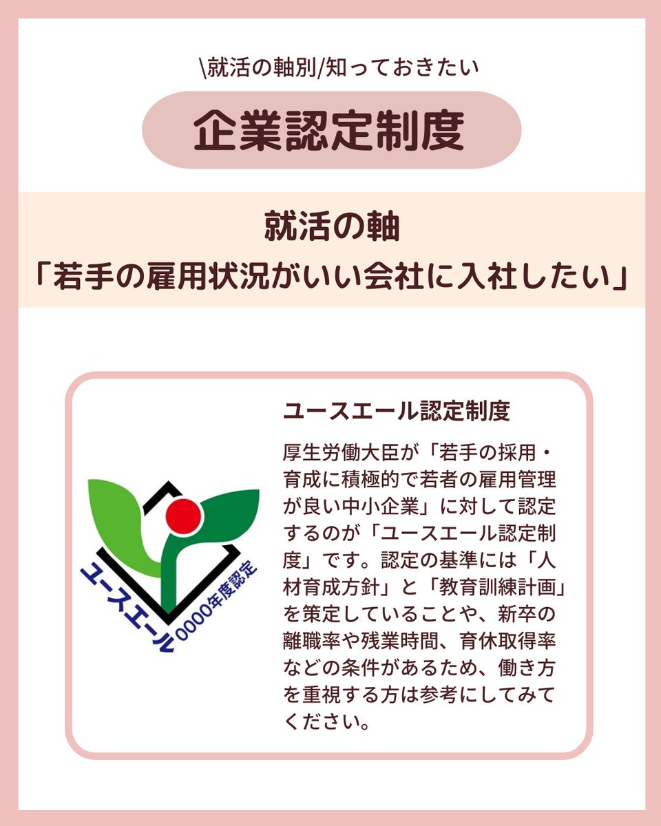 【就活の軸別：知っておきたい企業認定制度】

就活の軸に沿った、企業認定制度についてまとめました。