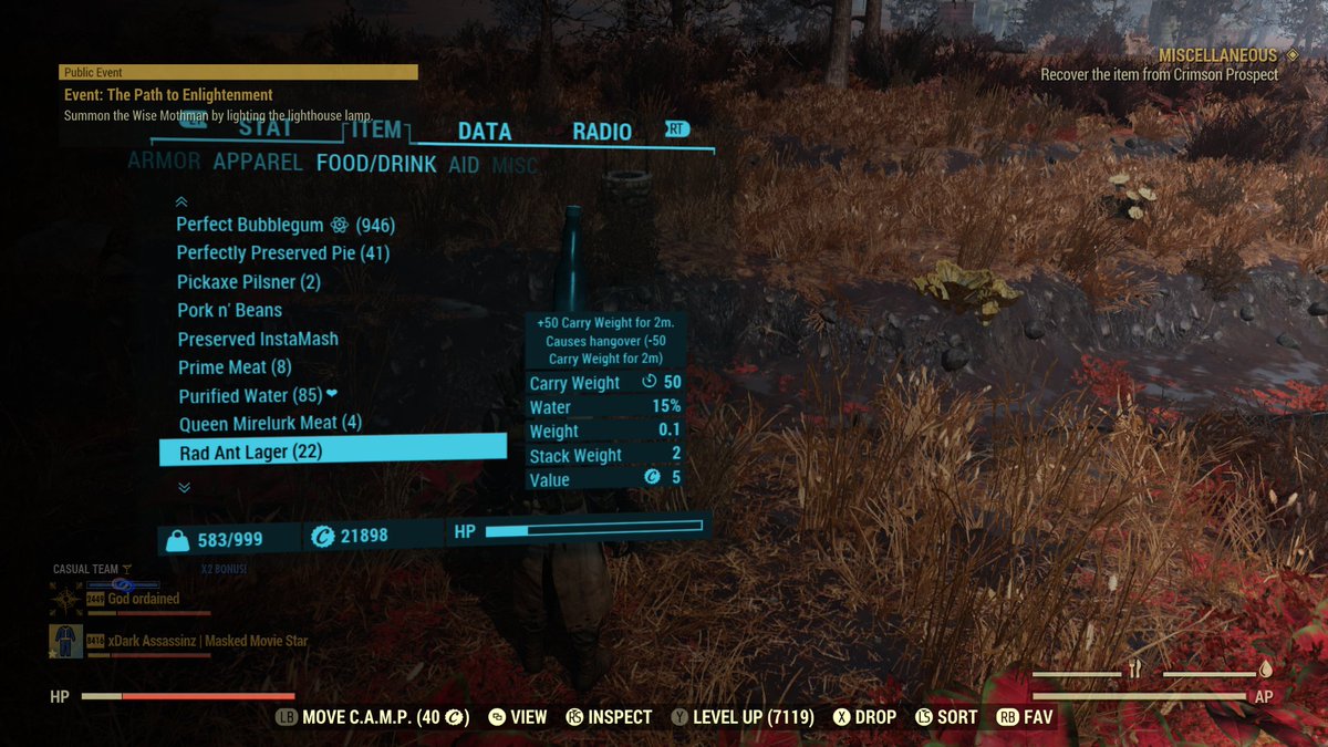 xdarkassassinz's tweet photo. I know I haven't posted in a while but IRL has been very rough. But I recently achieved carry weight 999lbs on #Fallout76 hopefully, I can get back on track and started back streaming the game I love playing 14k hrs and level 8k and counting #fo76 #fallout https://t.co/qIQrN6CpKE