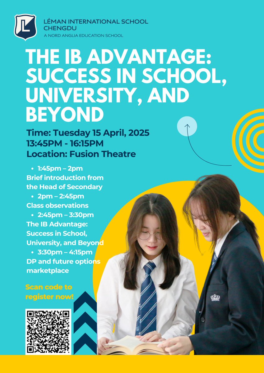 LemanChengdu's tweet image. In April, an in-depth dialogue focusing on international education will kick off at Léman.
Time: April 15th, 13:45-16:15
Location: LIS Chengdu, Fusion Theatre
Target: Parents of Léman students in Year 4-6 and external parents
(Scan the QR code to reserve a seat!)