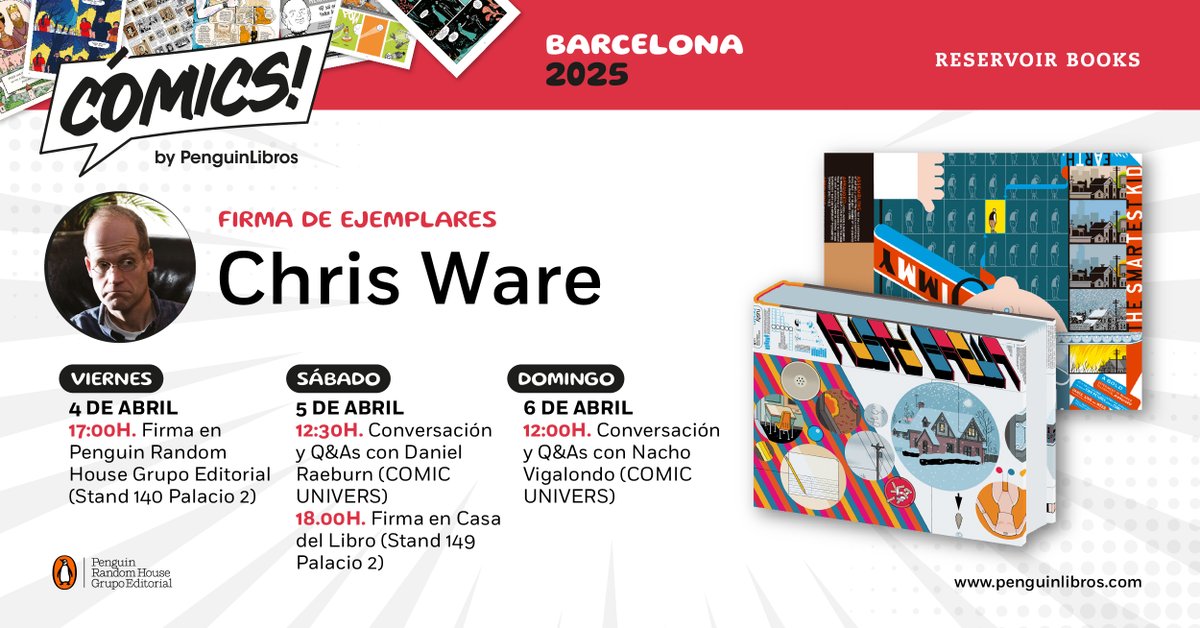 Reservoir Books (@reservoirbooks) on Twitter photo Queridas y queridos, Chris Ware estará en <a href="/COMIC_bcn/">COMIC BARCELONA</a>:
VIERNES 4:
💙 17h. PRHGE (Stand 140).
SÁBADO 5:
💙 12.30h. Conversación y Q&A con Daniel Raeburn.
💙 18h. <a href="/casadellibro/">Casa del Libro</a> (Stand 149).
DOMINGO 6:
💙 12h. Conversación y Q&A con <a href="/vigalondo/">EVIL VIGAS</a>. Queridas y queridos, Chris Ware estará en <a href="/COMIC_bcn/">COMIC BARCELONA</a>:
VIERNES 4:
💙 17h. PRHGE (Stand 140).
SÁBADO 5:
💙 12.30h. Conversación y Q&A con Daniel Raeburn.
💙 18h. <a href="/casadellibro/">Casa del Libro</a> (Stand 149).
DOMINGO 6:
💙 12h. Conversación y Q&A con <a href="/vigalondo/">EVIL VIGAS</a>.