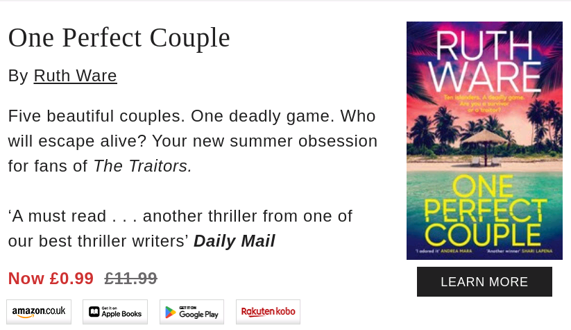 InterviewRoomOne (@interviewroom1) on Twitter photo Looking for a book bargain? Now available for just 99p from <a href="/simonschusterUK/">Simon & Schuster UK</a> via <a href="/AmazonUK/">Amazon.co.uk</a> <a href="/AppleBooks/">Apple Books</a> <a href="/GooglePlay/">Google Play</a> and Rakuten. <a href="/RuthWareWriter/">Ruth Ware</a> One Perfect Couple. Read our review here: interviewroomone.com/books/one-perf… Looking for a book bargain? Now available for just 99p from <a href="/simonschusterUK/">Simon & Schuster UK</a> via <a href="/AmazonUK/">Amazon.co.uk</a> <a href="/AppleBooks/">Apple Books</a> <a href="/GooglePlay/">Google Play</a> and Rakuten. <a href="/RuthWareWriter/">Ruth Ware</a> One Perfect Couple. Read our review here: interviewroomone.com/books/one-perf…