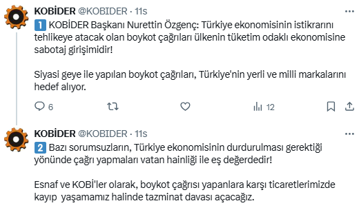 KOBİDER’den, CHP’nin "boykot" çağrılarına sert tepki! Vatan hainliği ile eş değerdedir!

<a href="/aa_finans/">AA Ekonomi Finans</a> <a href="/ihacomtr/">İhlas Haber Ajansı</a> <a href="/dhainternet/">Demirören Haber Ajansı</a> <a href="/ankahabera/">ANKA Haber Ajansı</a> <a href="/Haber7/">Haber 7</a> <a href="/yenisafak/">Yeni Şafak</a> 

#BoykotDeğilMilliZarar