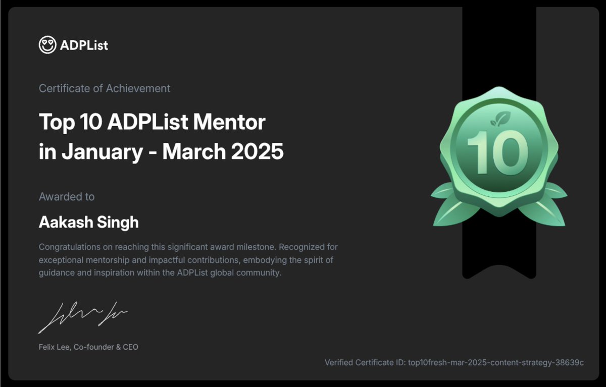AakashSinghTM's tweet photo. How I Became a Top 10 Mentor on ADPList
My journey from a clueless teenager to one of the most booked mentors globally.
This isn’t about being perfect.
It’s about starting from nowhere, making mistakes, and still showing up.

Here’s how it happened, A thread 🧵 https://t.co/RWQ3FjFfaF