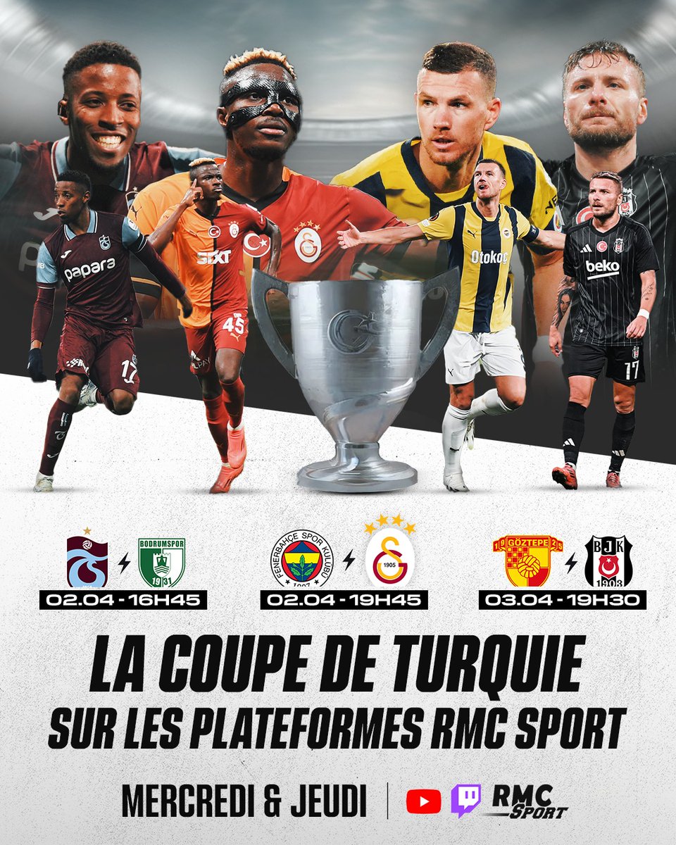 🏆 𝐋𝐀 𝐂𝐎𝐔𝐏𝐄 𝐃𝐄 𝐓𝐔𝐑𝐐𝐔𝐈𝐄 𝐒𝐔𝐑 𝐓𝐖𝐈𝐓𝐂𝐇 𝐄𝐓 𝐘𝐎𝐔𝐓𝐔𝐁𝐄 𝐑𝐌𝐂 𝐒𝐏𝐎𝐑𝐓

🔥 Trois quarts de finale au menu dont le bouillant derby entre le Fener et Galatasaray. Tout est gratuit, follow pour les notifs des lives : twitch.tv/rmcsport

▪ TRABZONSPOR