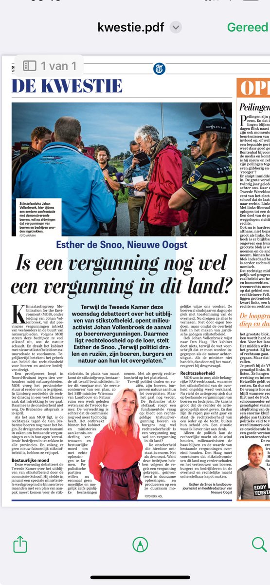 Vandaag in de ⁦<a href="/telegraaf/">De Telegraaf</a>⁩ een opinie over de gevolgen van het uitblijven van gedegen stikstofbeleid voor boeren, burgers en natuur. MOB kan haar gang gaan waardoor rechteloosheid dreigt op het platteland. ‘Biedt een vergunning nog wel rechtszekerheid.’