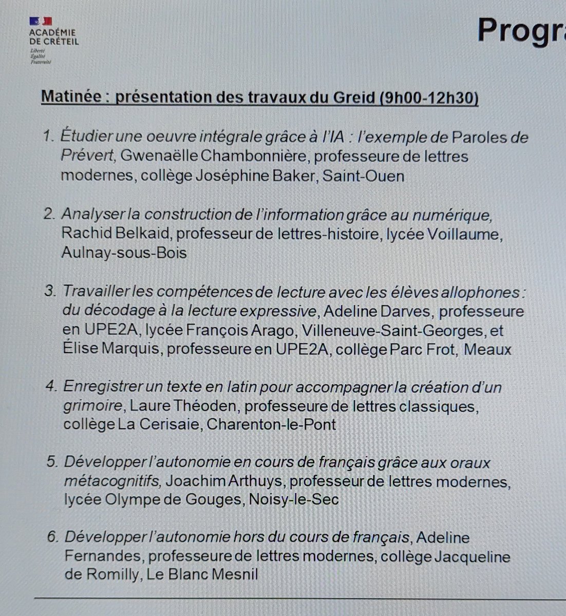 Dunoyer Céline (@cdunoyer) on Twitter photo #LettresCreteil <a href="/AcCreteil/">Académie de Créteil</a> <a href="/DANECreteil/">Drane - Site de Créteil</a>
Notre 14e séminaire Lettres et numérique s'ouvre. Programme de la matinée. #LettresCreteil <a href="/AcCreteil/">Académie de Créteil</a> <a href="/DANECreteil/">Drane - Site de Créteil</a>
Notre 14e séminaire Lettres et numérique s'ouvre. Programme de la matinée.